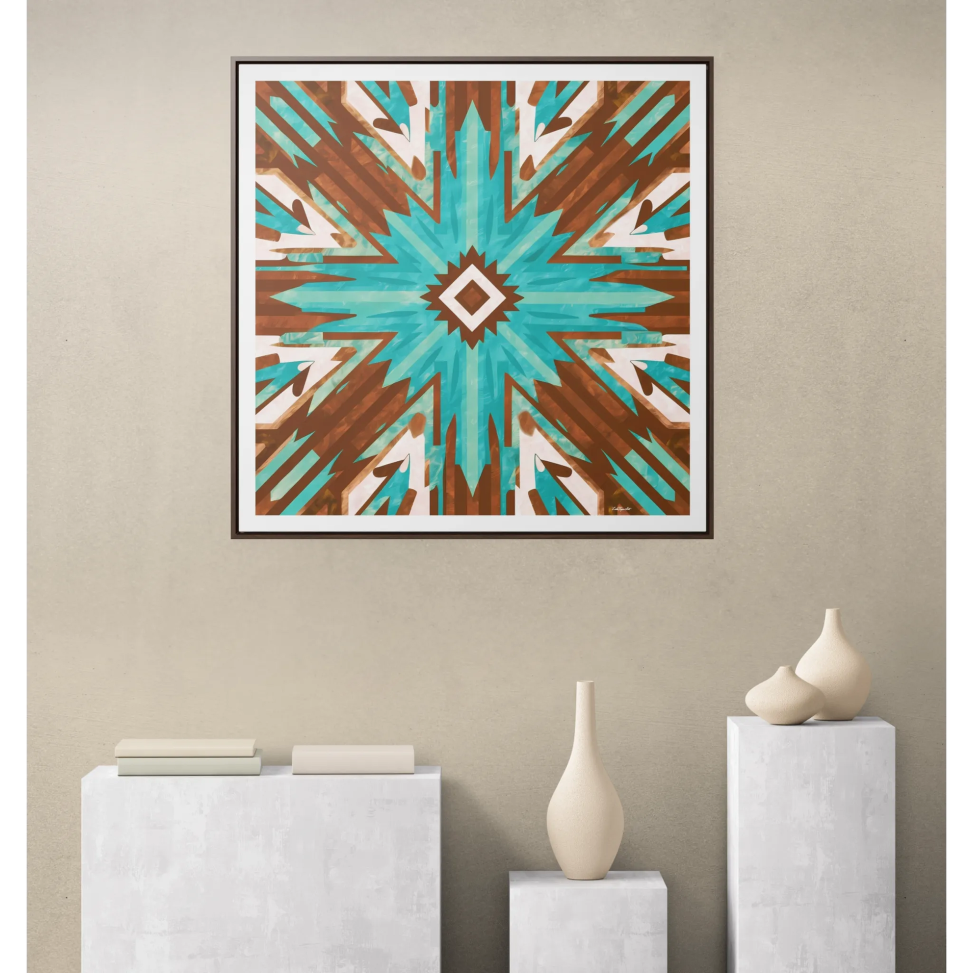 Canvas Wall Art, Turquoise and Brown Boho Southwestern Abstract Design, Ethnic Home Decor - Square Frame, , Gallery - LOLA VEGAS ART