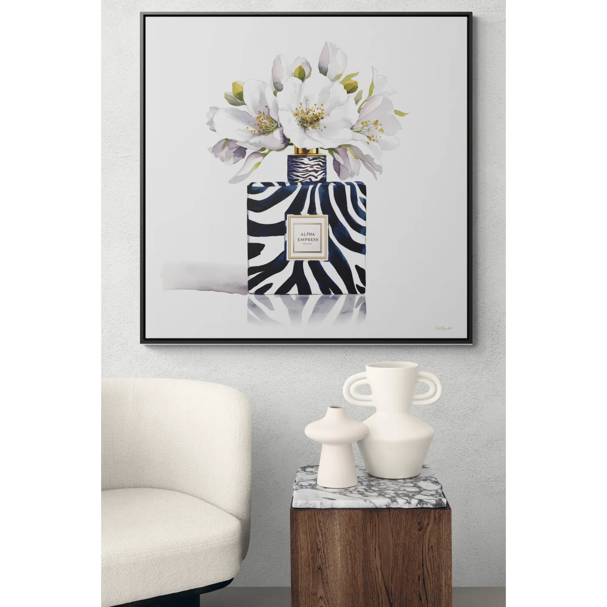 Framed Canvas Wall Art - Watercolor Zebra Perfume Bottle 'ALPHA EMPRESS' with White Flowers Print - LOLA VEGAS ART