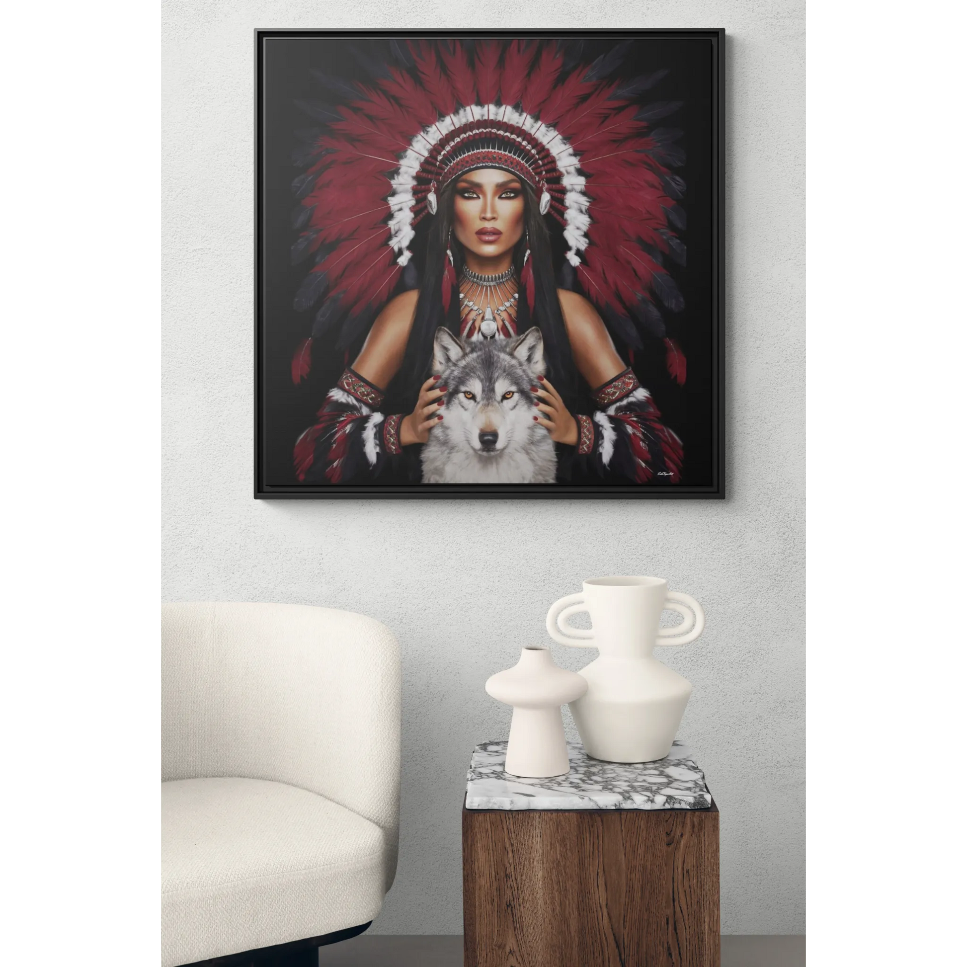 Canvas Wall Art,  Woman with White Wolf, Southwestern Home Decor, Square Framed Print, Multi-color, Burgundy Black Feather - LOLA VEGAS ART