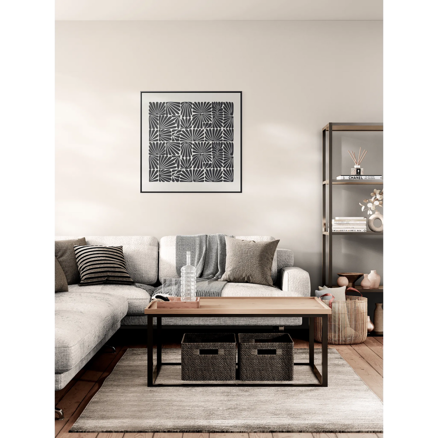 Floral Abstract Square Frame Canvas Wall Art, Matisse Style Retro Decor, Black and Off-White, Gallery Canvas Wraps, Abstract Floral Wall - LOLA VEGAS ART
