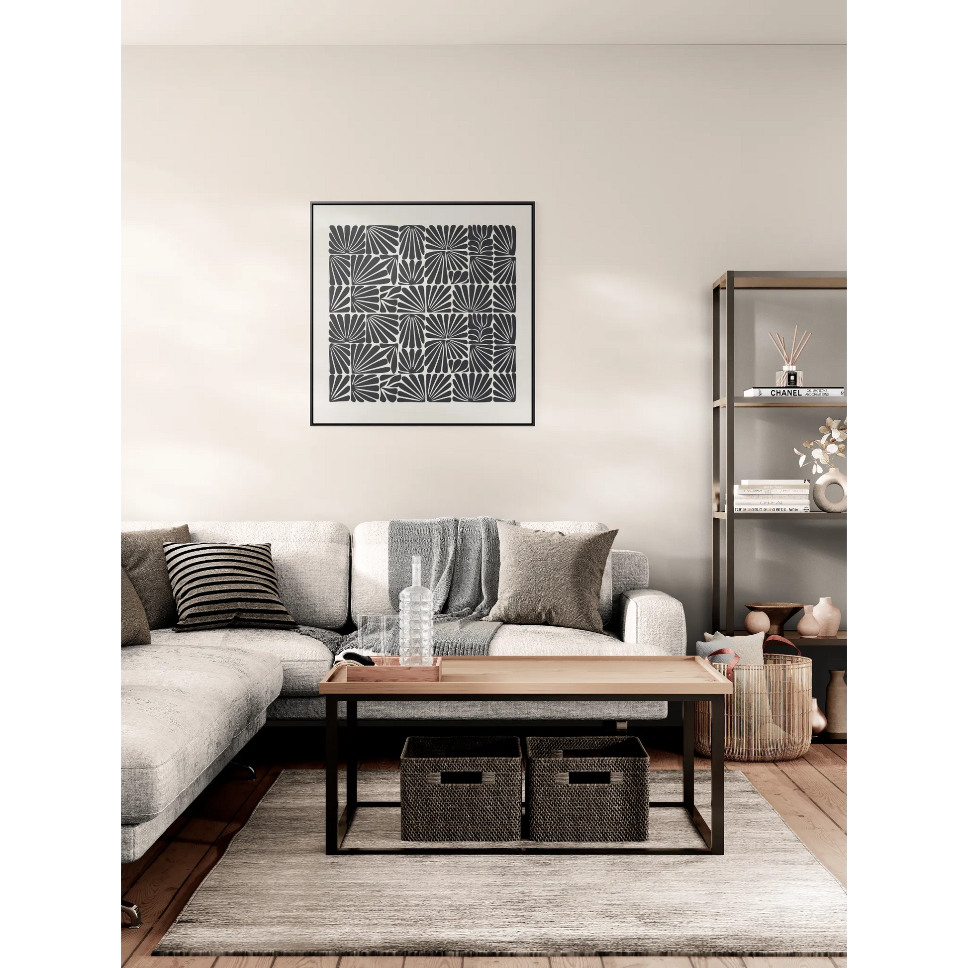 Floral Abstract Square Frame Canvas Wall Art, Matisse Style Retro Decor, Black and Off-White, Gallery Canvas Wraps, Abstract Floral Wall - LOLA VEGAS ART