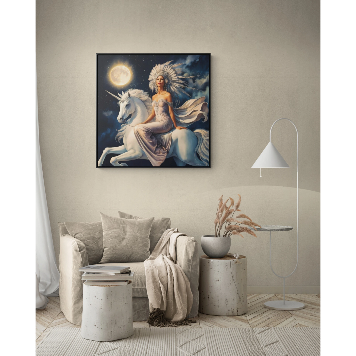 Fantasy Princess Unicorn Square Canvas Wall Art, Night Full Moon Square Frame, Nursery Decor, Boho Chic Gift, Home Decor - LOLA VEGAS ART