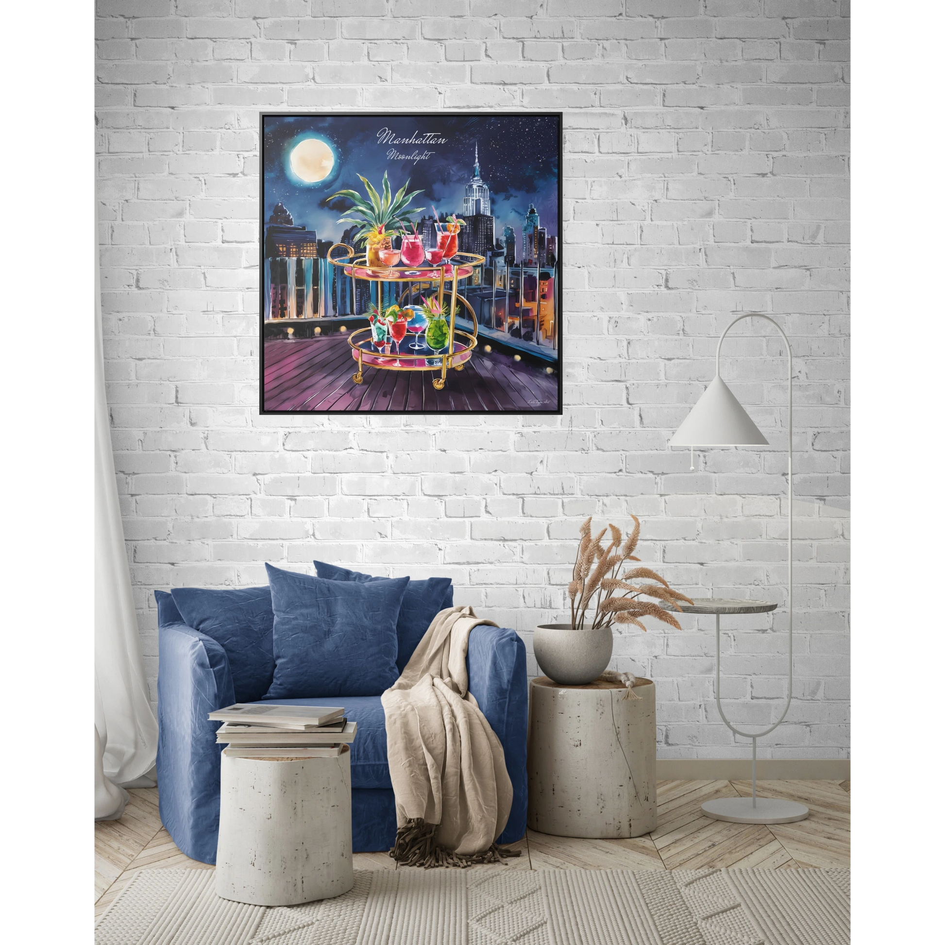Square Canvas Prints, Rooftop Manhattan Cityscape Wall Art, Bar Cart and Cocktails at Night, Full Moon, Gallery Wrap, Square Frame, Home - LOLA VEGAS ART