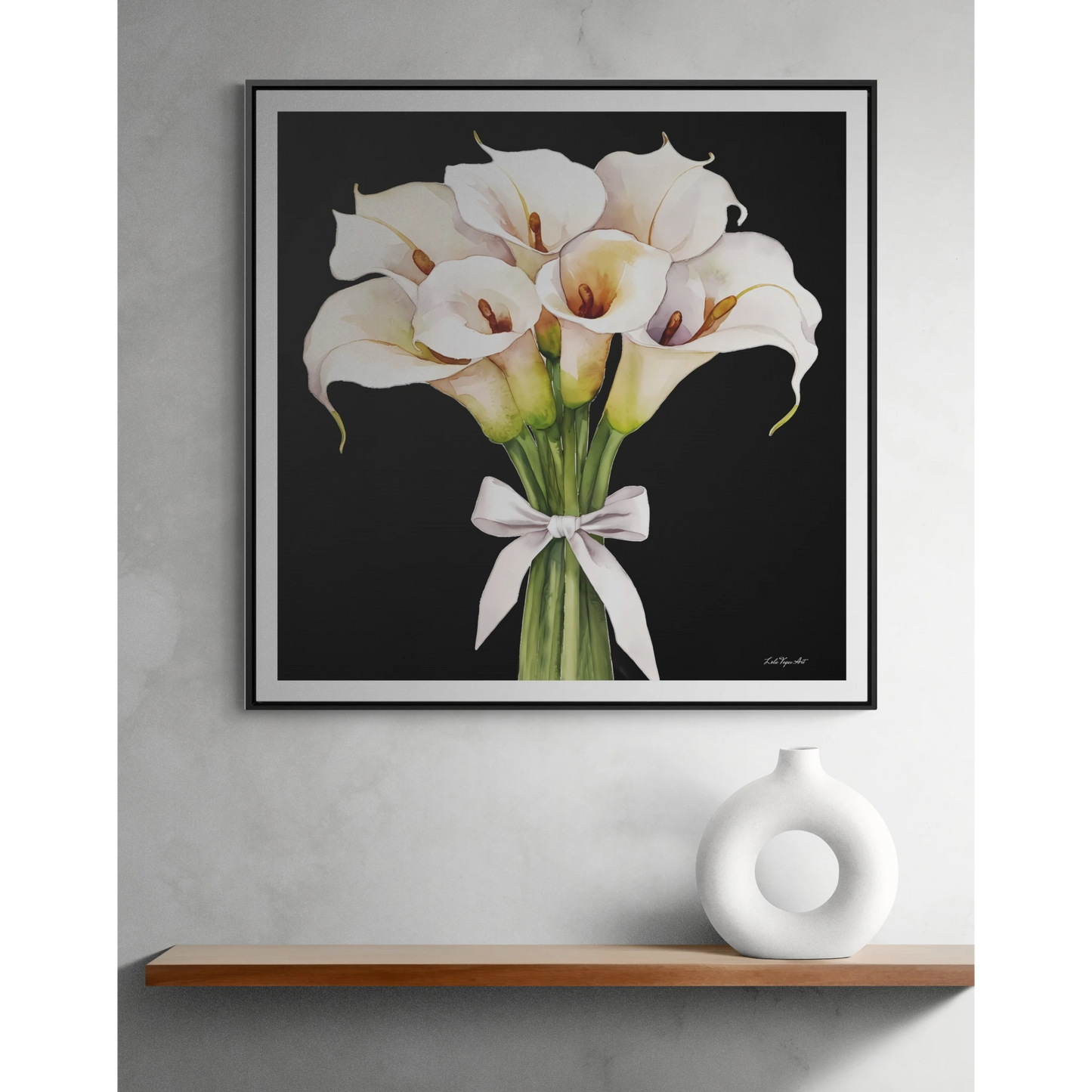 Square Frame Canvas Wall Art - White Calla Lillies Bouquet Painting, Gallery Canvas Wraps, Square Frame, Home Decor, Floral Art, Black - LOLA VEGAS ART