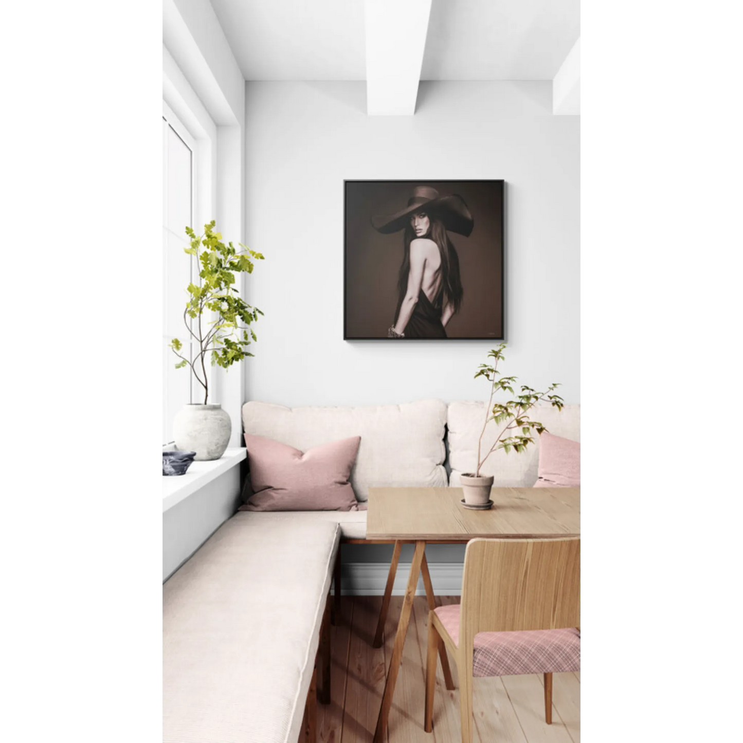 Canvas Wall Art, Sepia Tone Woman with Large Hat, Fashion Photography Decor, Moody Glam Home Decoration, Square Frame Print, Gallery Canvas - LOLA VEGAS ART