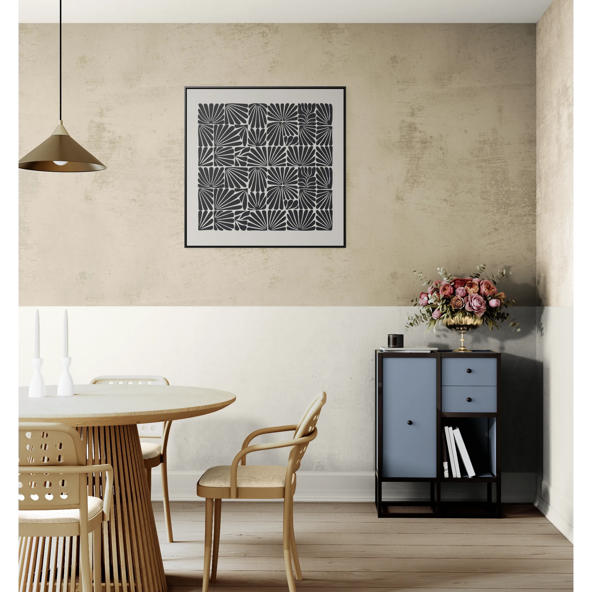 Floral Abstract Square Frame Canvas Wall Art, Matisse Style Retro Decor, Black and Off-White, Gallery Canvas Wraps, Abstract Floral Wall - LOLA VEGAS ART
