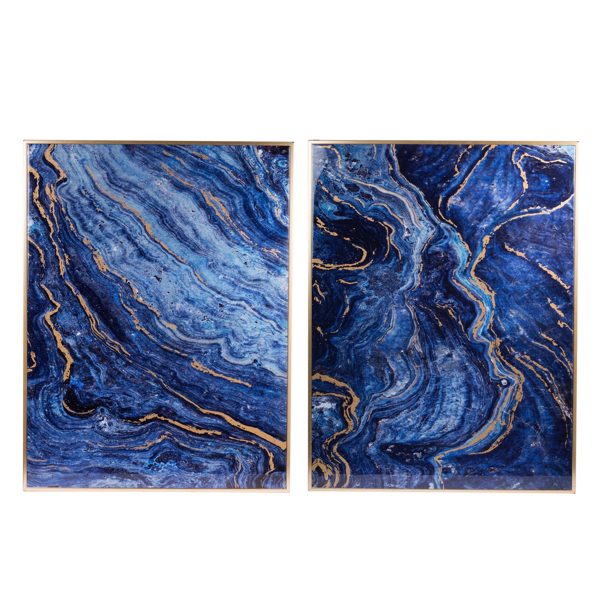 Set of 2 Blue and Gold Framed Art Panels, Unique Marbled Design, 30.5" x 40" - LOLA VEGAS ART