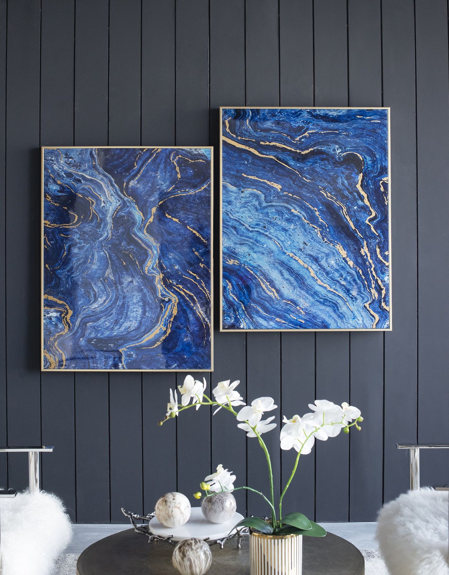 Set of 2 Blue and Gold Framed Art Panels, Unique Marbled Design, 30.5" x 40" - LOLA VEGAS ART