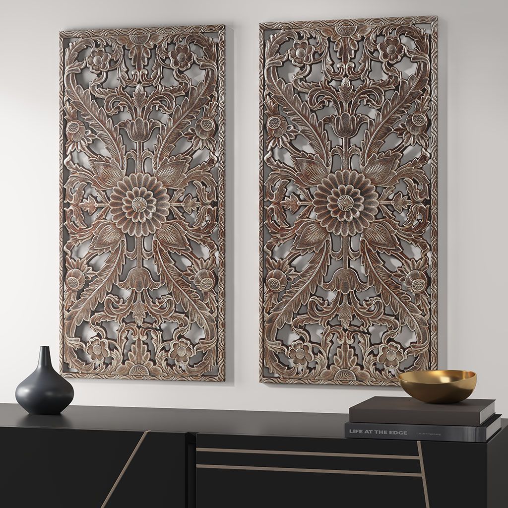 Distressed Carved Wood 2-piece Wall Decor Set - LOLA VEGAS ART