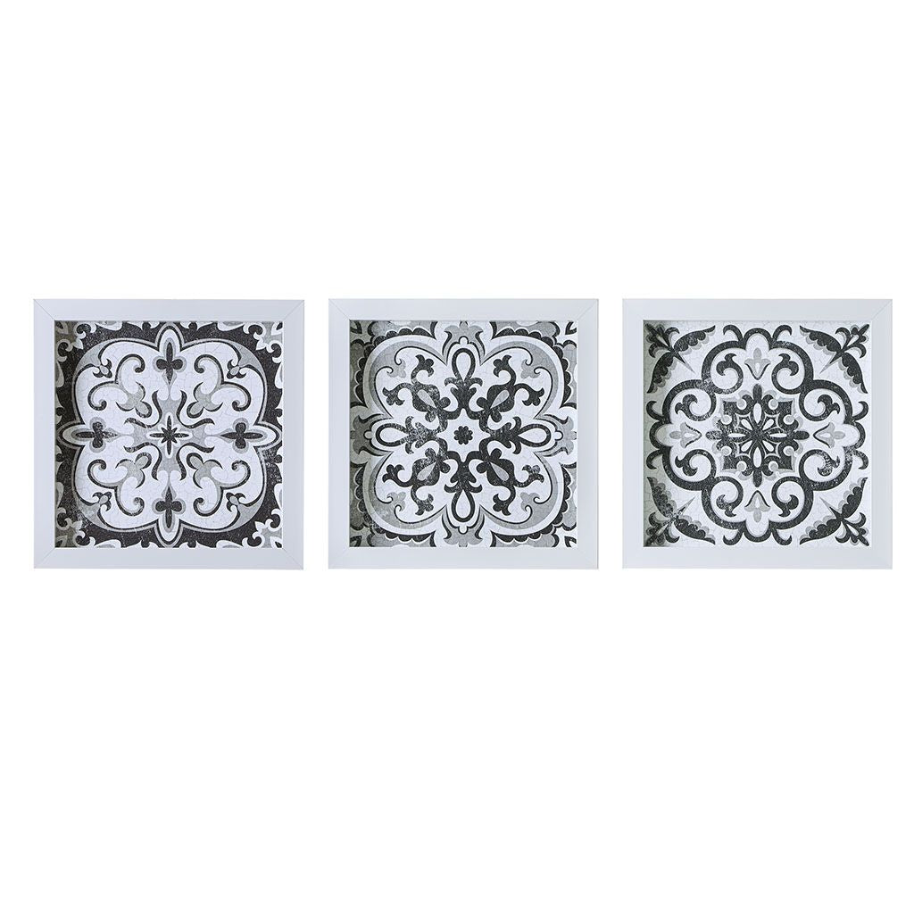 Distressed Black and White Medallion Tile 3-piece Wall Decor Set - LOLA VEGAS ART