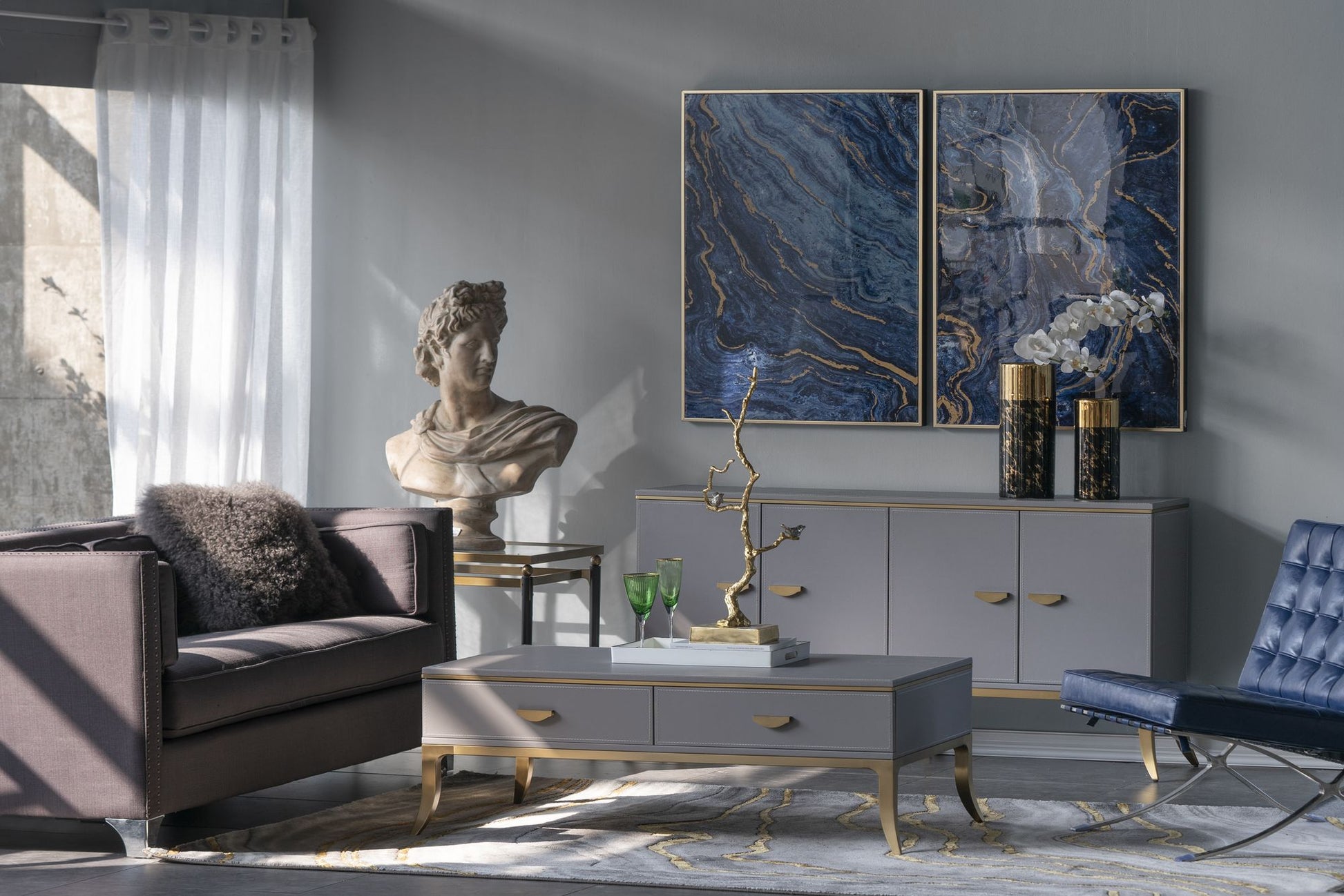 Set of 2 Blue and Gold Framed Art Panels, Unique Marbled Design, 30.5" x 40" - LOLA VEGAS ART