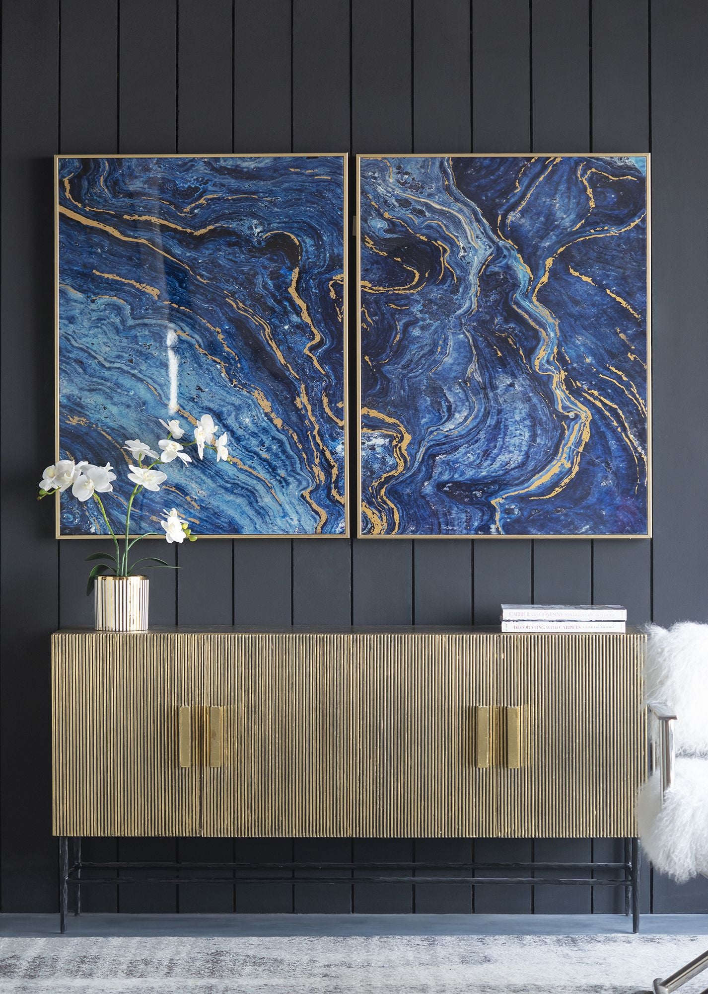 Set of 2 Blue and Gold Framed Art Panels, Unique Marbled Design, 30.5" x 40" - LOLA VEGAS ART