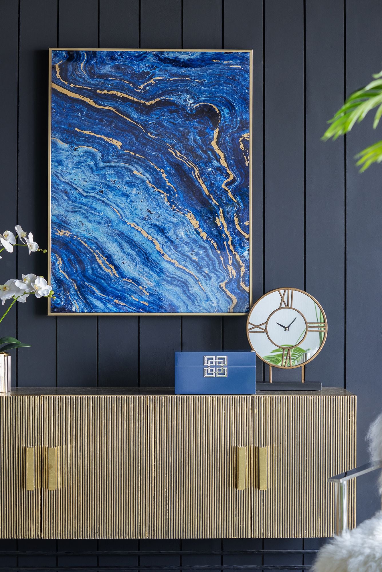 Set of 2 Blue and Gold Framed Art Panels, Unique Marbled Design, 30.5" x 40" - LOLA VEGAS ART