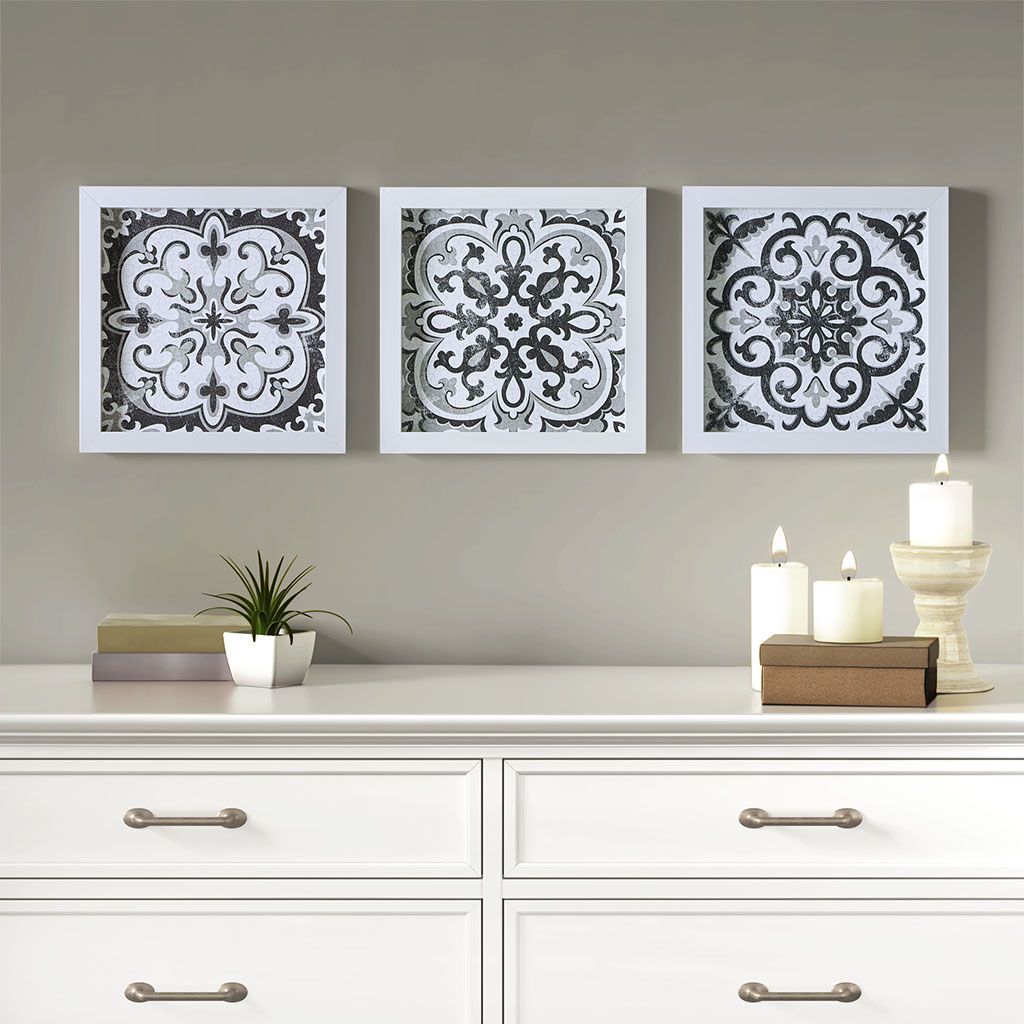 Distressed Black and White Medallion Tile 3-piece Wall Decor Set - LOLA VEGAS ART