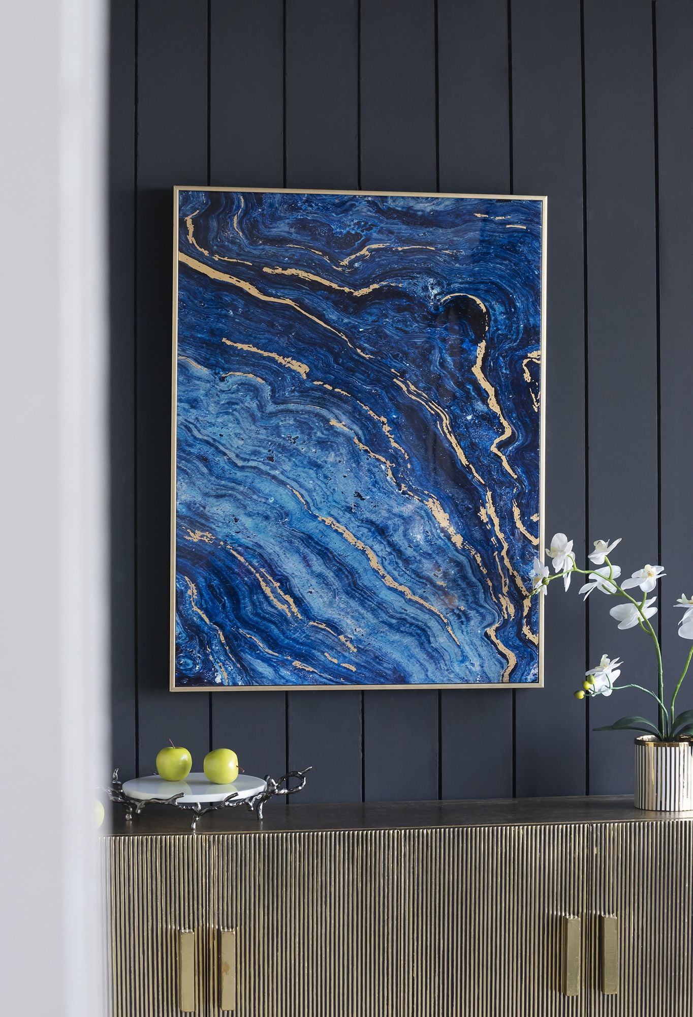 Set of 2 Blue and Gold Framed Art Panels, Unique Marbled Design, 30.5" x 40" - LOLA VEGAS ART