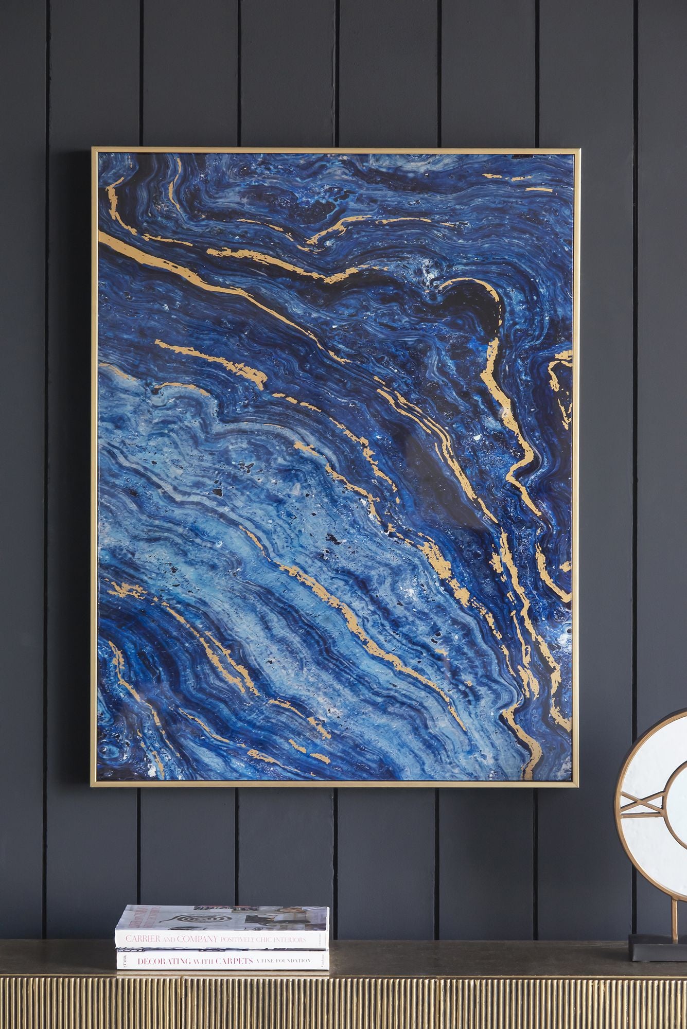 Set of 2 Blue and Gold Framed Art Panels, Unique Marbled Design, 30.5" x 40" - LOLA VEGAS ART