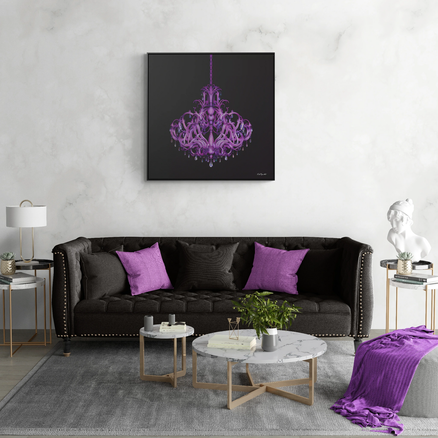 Gothic Crystal Chandelier Square Canvas, Elegant Dramatic Wall Art - Gallery Wraps, Square Frame, Purple Home Decor, Glamorous Gothic Art, - LOLA VEGAS ART