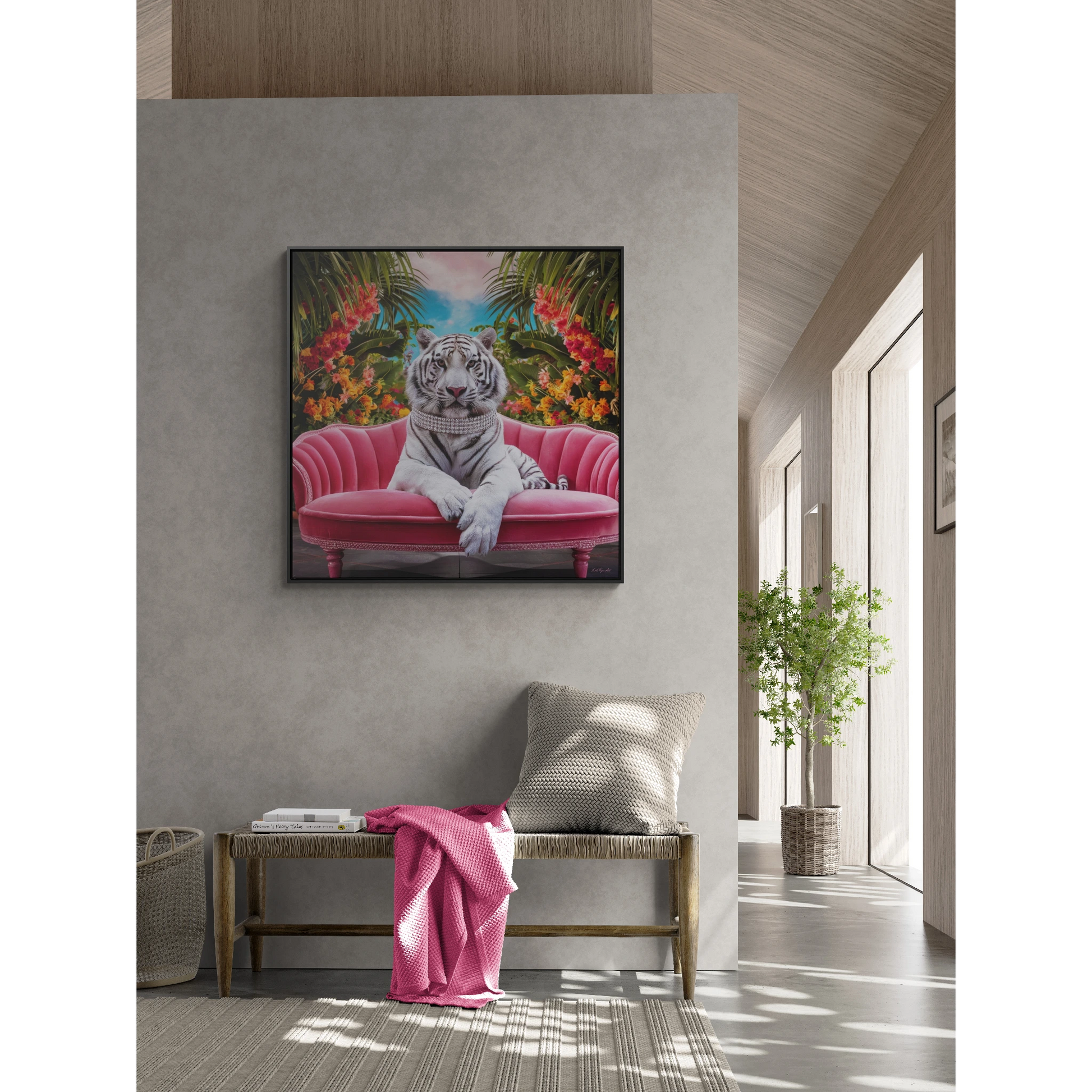 Square Frame Wall Art, Majestic White Tiger Diamond Collar Pink Velvet Couch Canvas, Tropical Flowers, Gallery Canvas Wraps - LOLA VEGAS ART