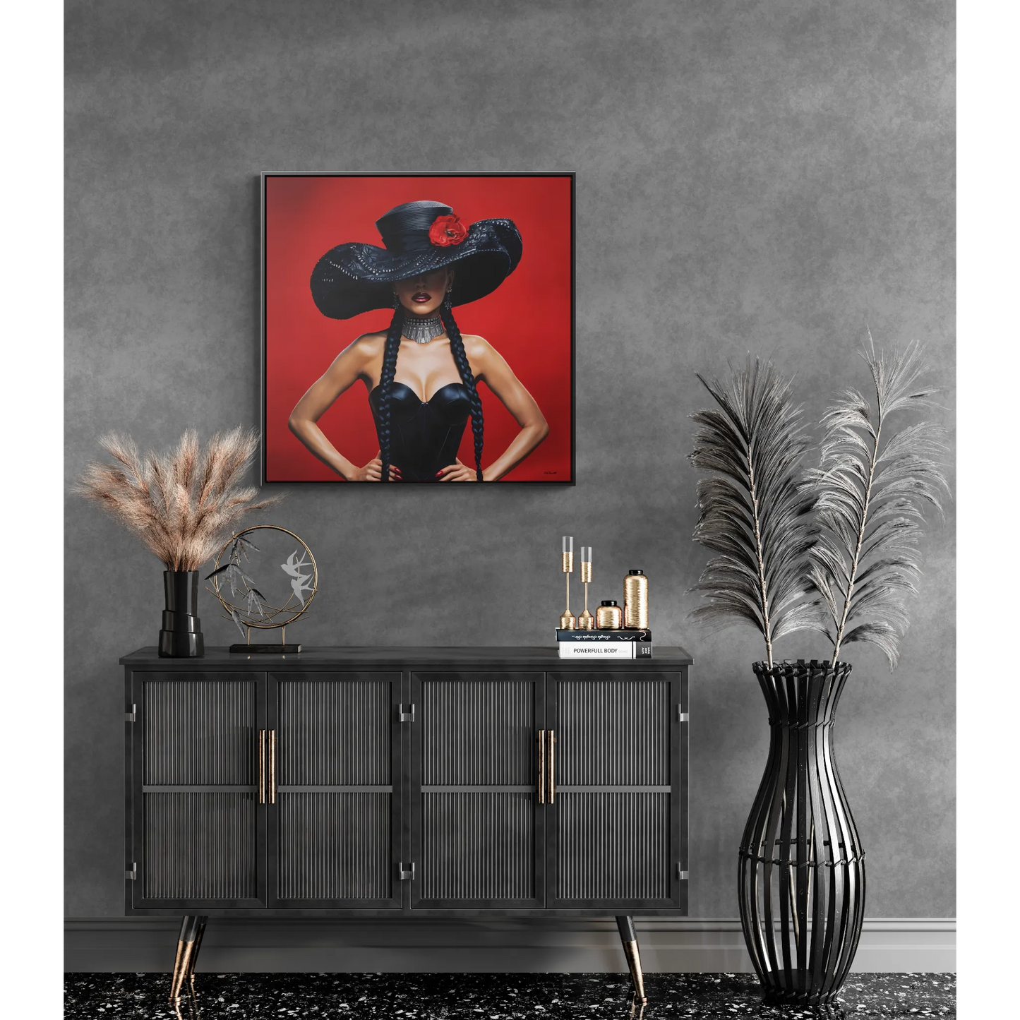 Square Canvas Wall Art, Latina Woman Black Hat Red Flower, Feminine Home Decor, Eclectic Art, Gallery Canvas Wrap, Square Frame - LOLA VEGAS ART