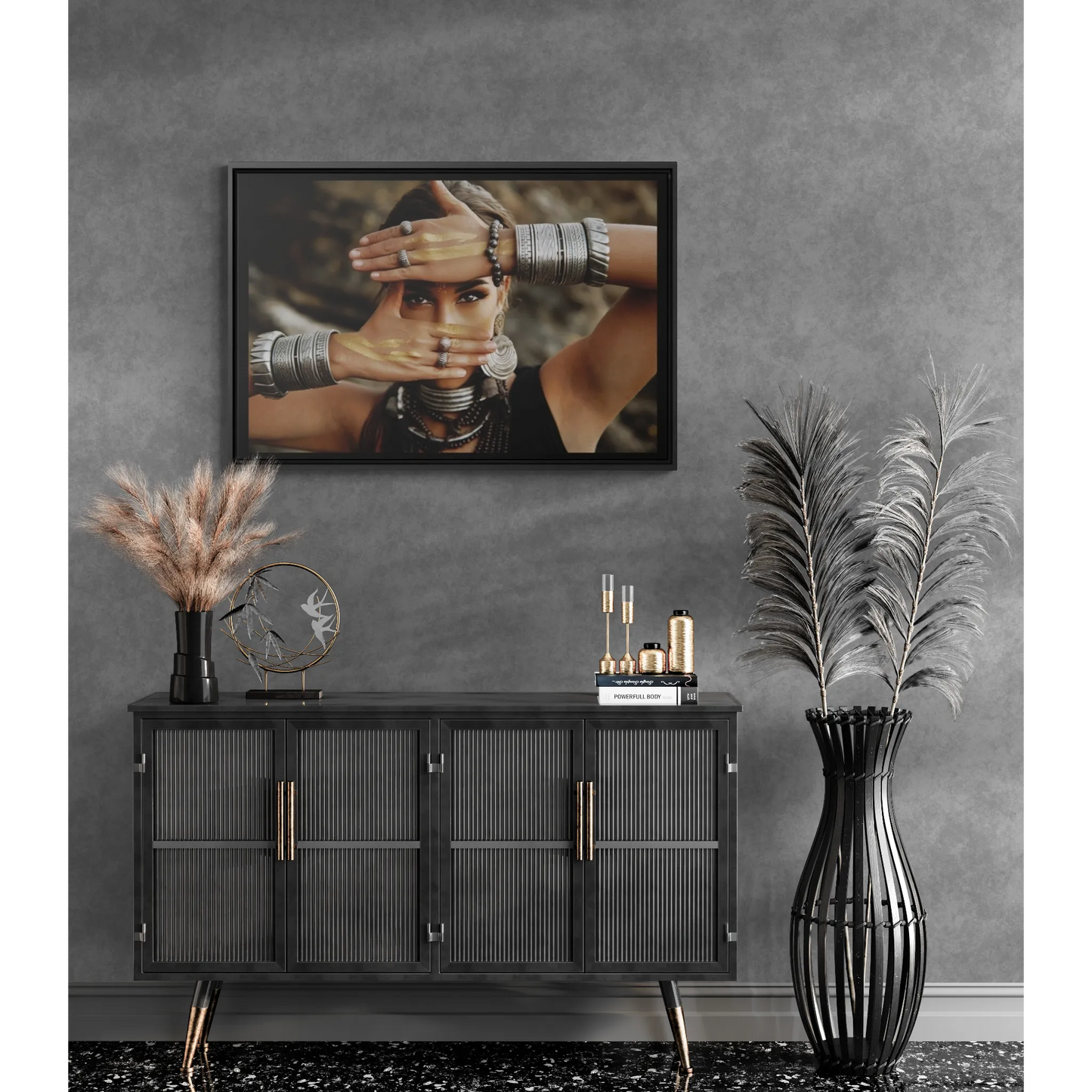 Indigenous Woman Silver Jewelry Square Canvas Wall Art, Ethnic Decor, Exotic Fine Art Photography, Mysterious Home Decor, Dramatic Wall - LOLA VEGAS ART