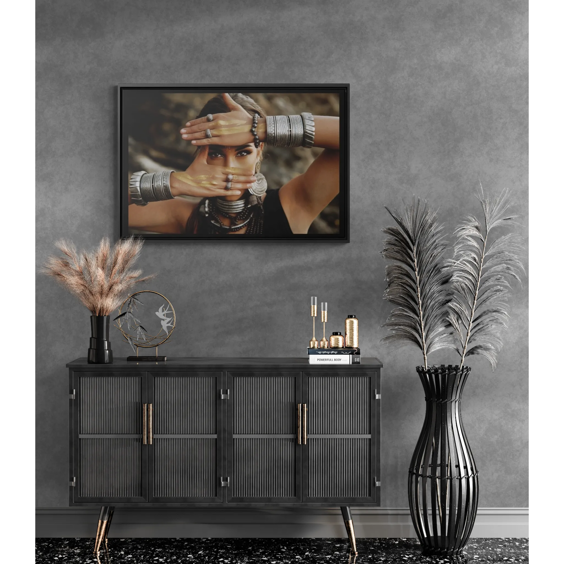 Indigenous Woman Silver Jewelry Square Canvas Wall Art, Ethnic Decor, Exotic Fine Art Photography, Mysterious Home Decor, Dramatic Wall - LOLA VEGAS ART