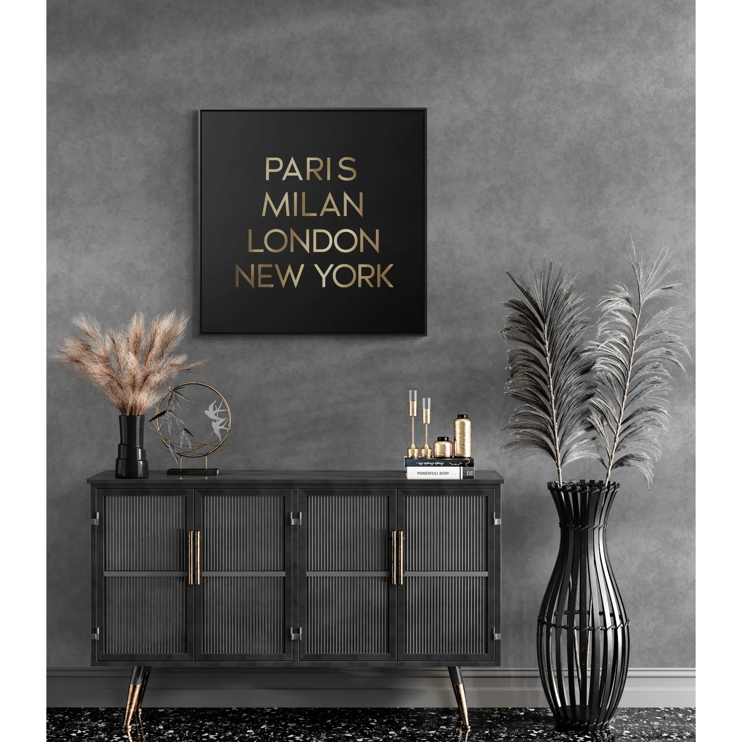 Fashion Cities Gallery Canvas Wall Art, Black Typography Square Frame, Paris Milan London New York, Home Decor - LOLA VEGAS ART