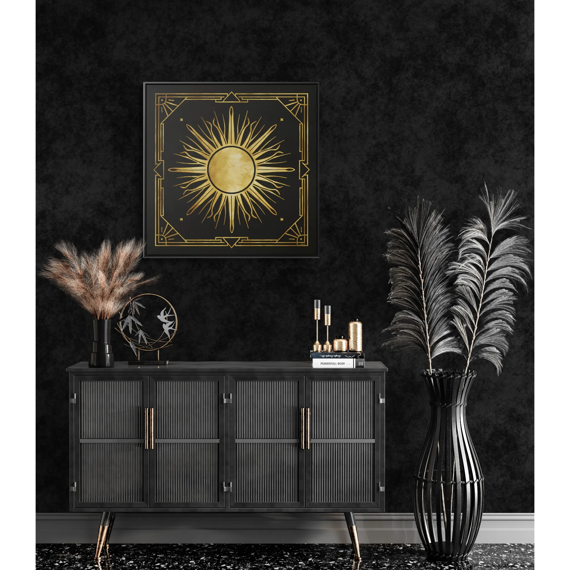 Canvas Wall Art, Black and Distressed Gold Art Deco Sun Square, Framed Decor, Dramatic Retro Style, Home Decoration, Square Frame - LOLA VEGAS ART