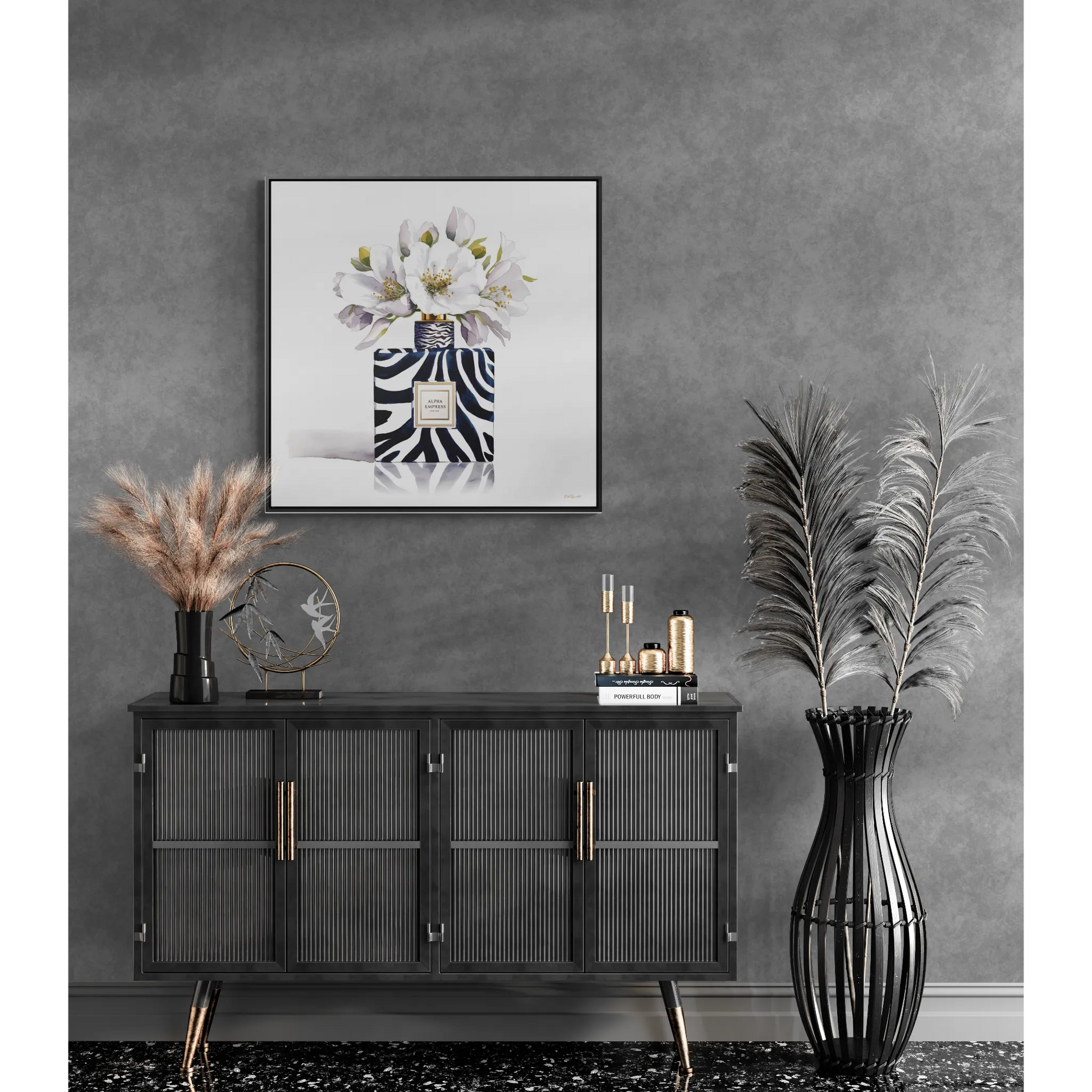 Framed Canvas Wall Art - Watercolor Zebra Perfume Bottle 'ALPHA EMPRESS' with White Flowers Print - LOLA VEGAS ART