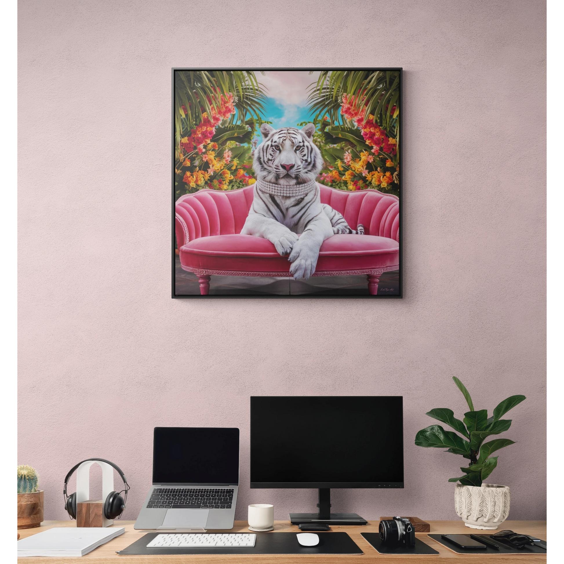 Square Frame Wall Art, Majestic White Tiger Diamond Collar Pink Velvet Couch Canvas, Tropical Flowers, Gallery Canvas Wraps - LOLA VEGAS ART