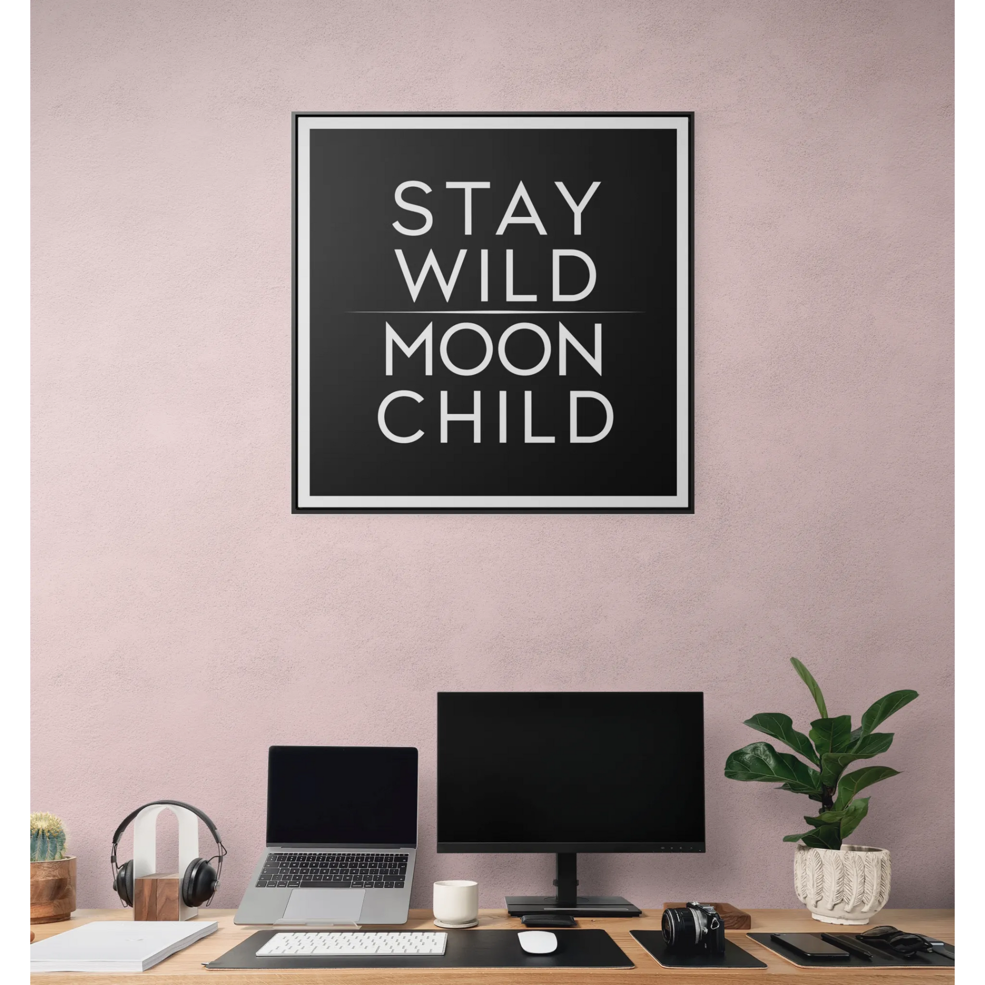 Square Frame Canvas Wall Art, Stay Wild Moon Child Typography Print, Black and White Home Decor, Gallery Canvas Wraps, Boho Wall Hanging, - LOLA VEGAS ART