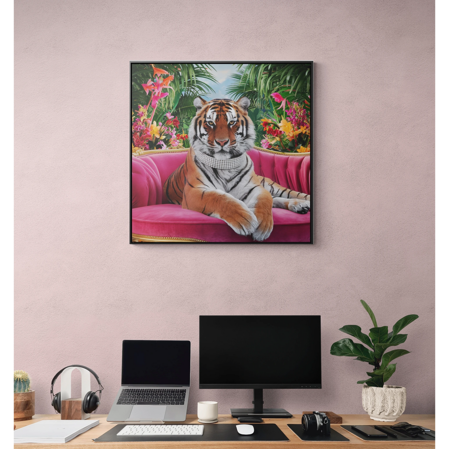 Tiger Square Canvas Wrap Wall Art, Majestic Tropical Flowers Regal Nature Home Decor, Pink Velvet Couch Animal Print, Jungle Theme Room - LOLA VEGAS ART