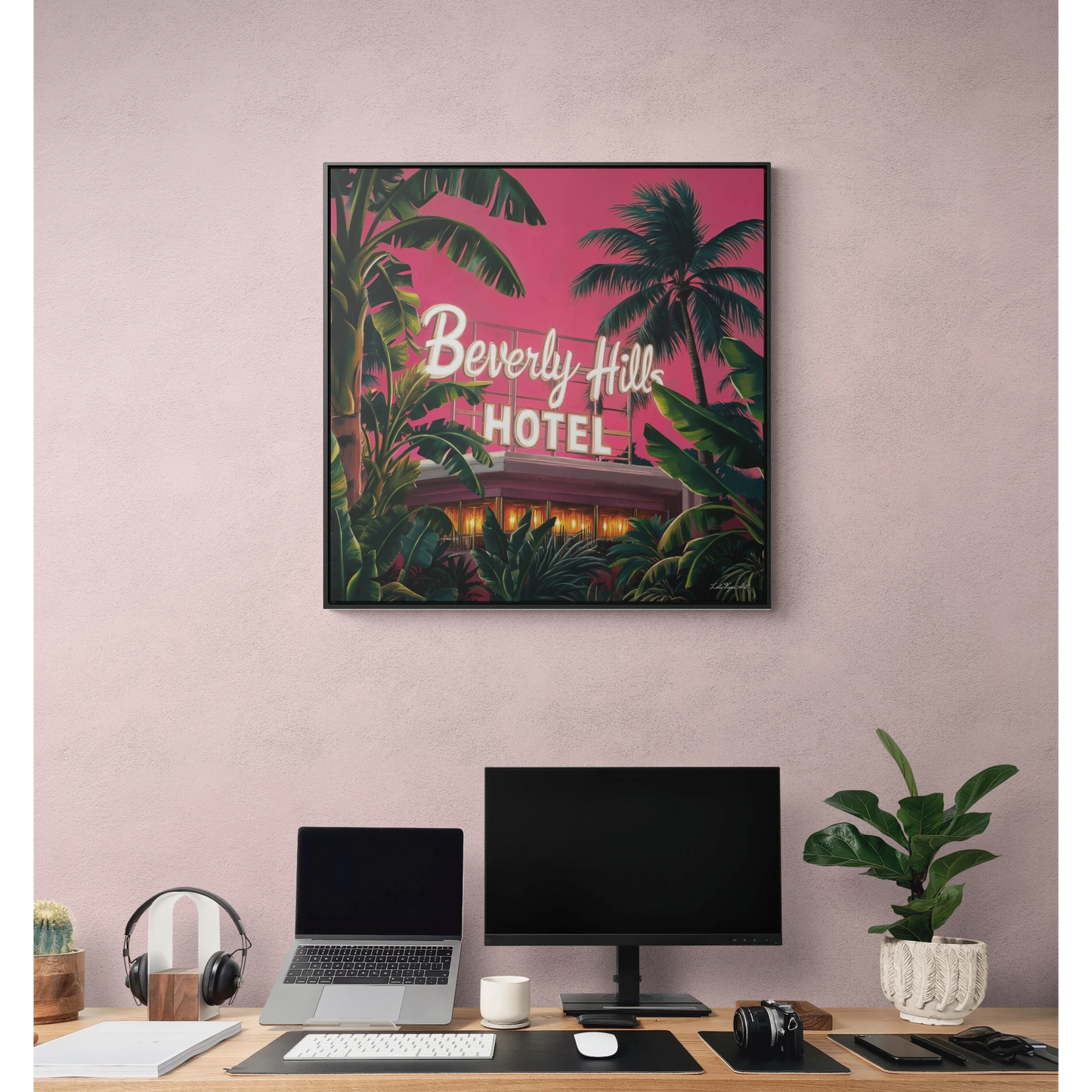 Square Frame Wall Art, Beverly Hills Hotel Retro Sign with Pink Sky and Palm Trees, Canvas Wrap, Home Decor, Gift for Her, Room Decoration - LOLA VEGAS ART