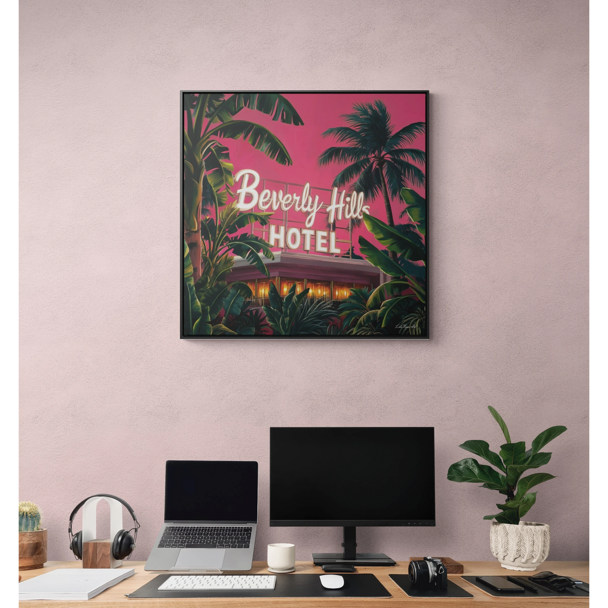 Square Frame Wall Art, Beverly Hills Hotel Retro Sign with Pink Sky and Palm Trees, Canvas Wrap, Home Decor, Gift for Her, Room Decoration - LOLA VEGAS ART