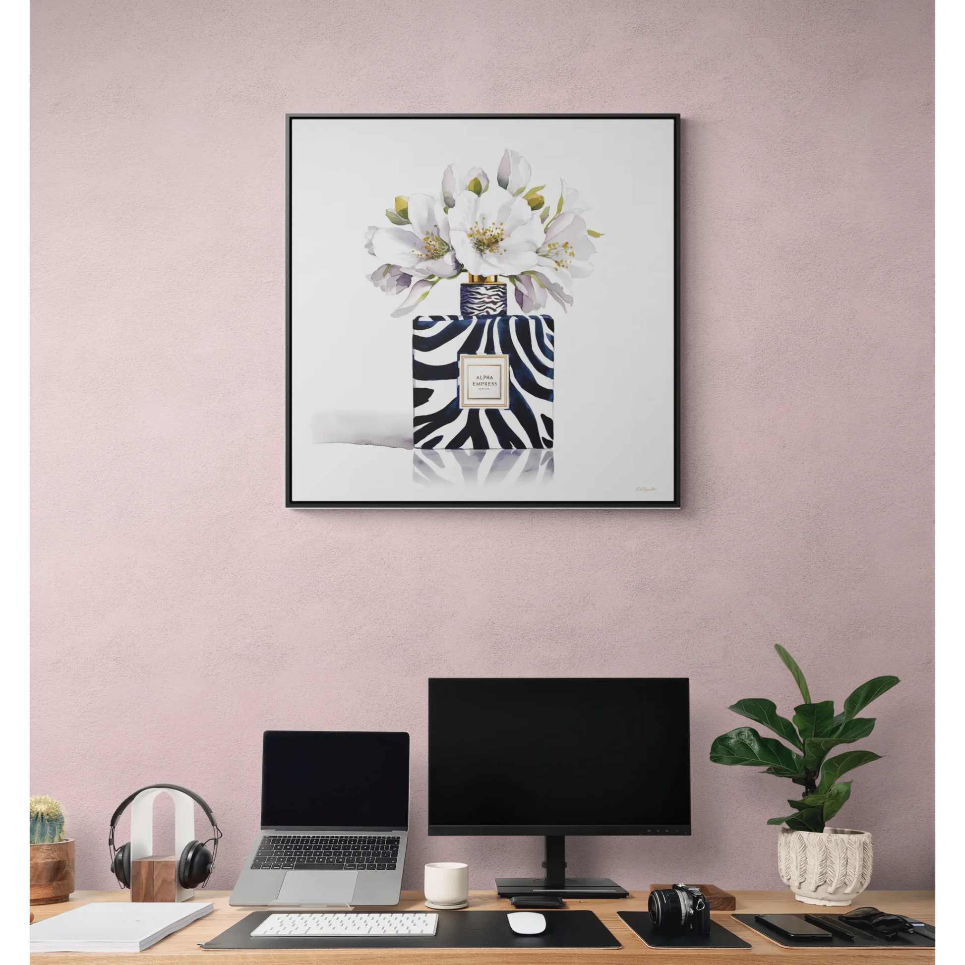 Framed Canvas Wall Art - Watercolor Zebra Perfume Bottle 'ALPHA EMPRESS' with White Flowers Print - LOLA VEGAS ART