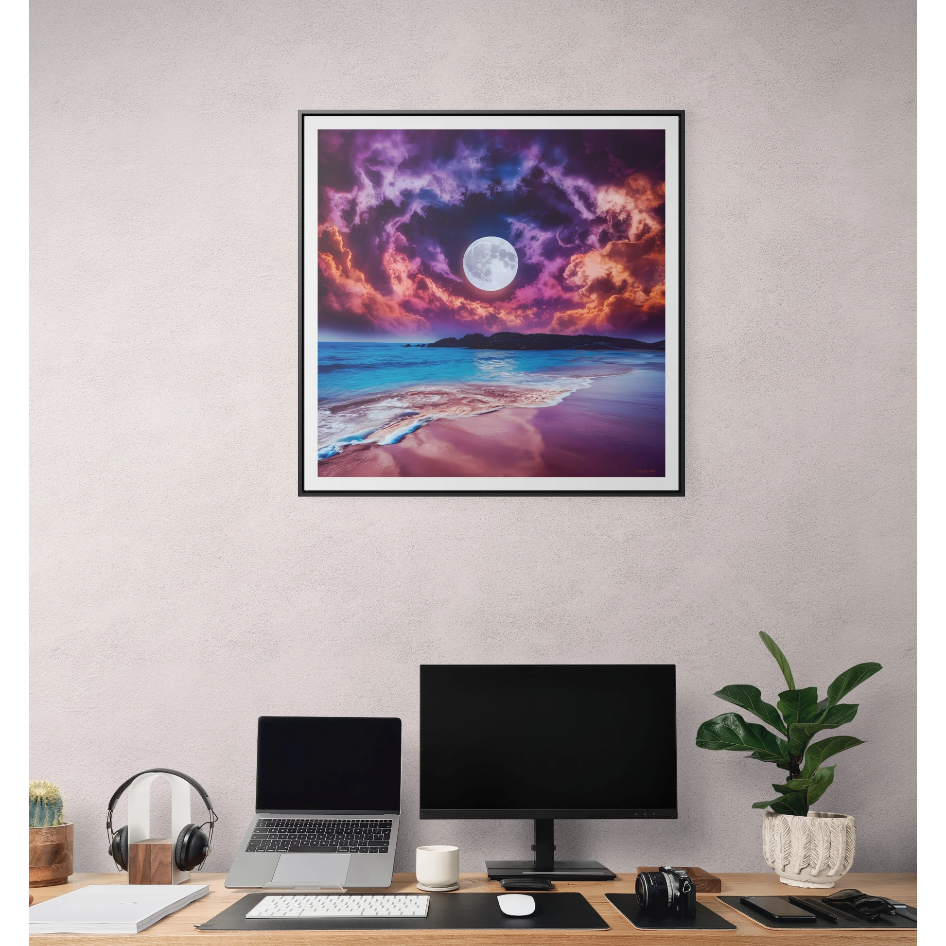 Beach Moon Square Canvas Wall Art, Ocean Night Sky Decor, Gallery Frame Print, Purple Orange Moonlight Photography, Coastal Home Gift - LOLA VEGAS ART