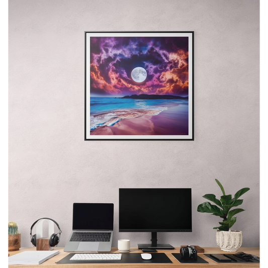 Beach Moon Square Canvas Wall Art, Ocean Night Sky Decor, Gallery Frame Print, Purple Orange Moonlight Photography, Coastal Home Gift - LOLA VEGAS ART