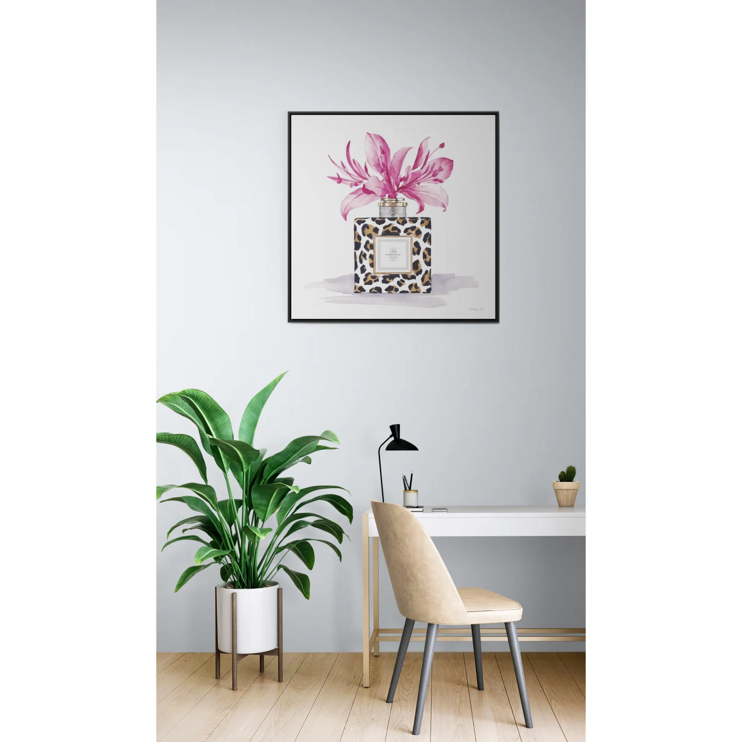 Square Frame Canvas Wall Art, Leopard Print Perfume Bottle with Pink Flowers, Feminine Fashion Decor - Gallery Canvas Wraps, Home Office - LOLA VEGAS ART