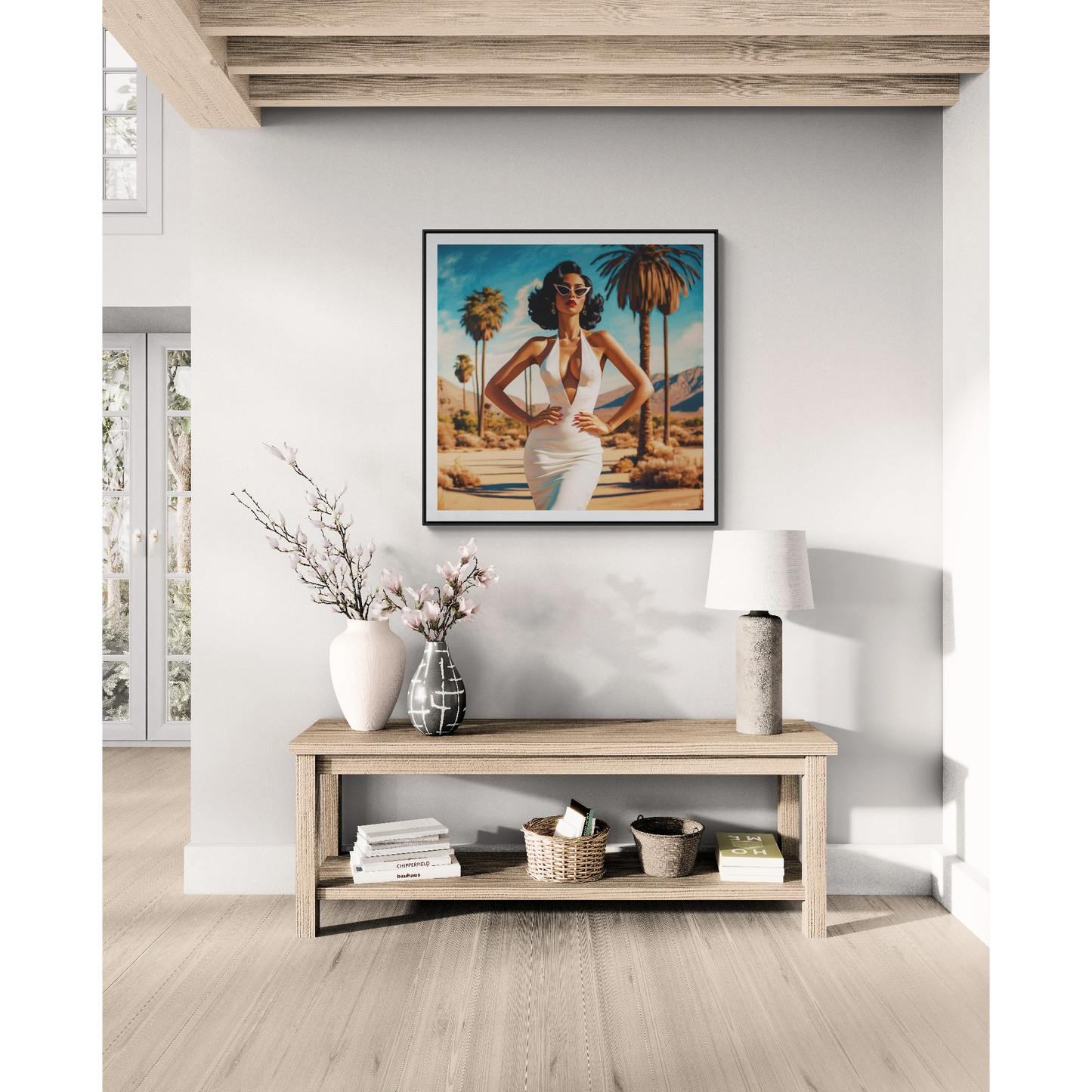 Square Frame Canvas Wall Art, Retro Glamorous Woman in Palm Springs Desert, Square Frame Wall Decor, Gallery Canvas Wraps, Palm Trees Art - LOLA VEGAS ART