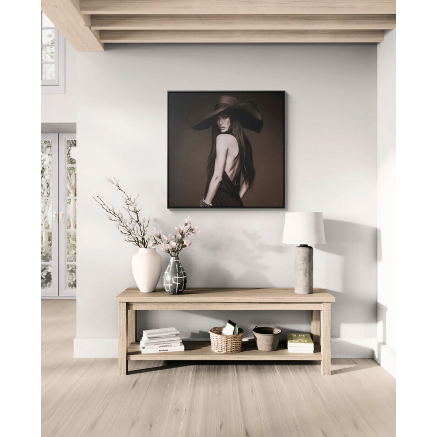 Canvas Wall Art, Sepia Tone Woman with Large Hat, Fashion Photography Decor, Moody Glam Home Decoration, Square Frame Print, Gallery Canvas - LOLA VEGAS ART