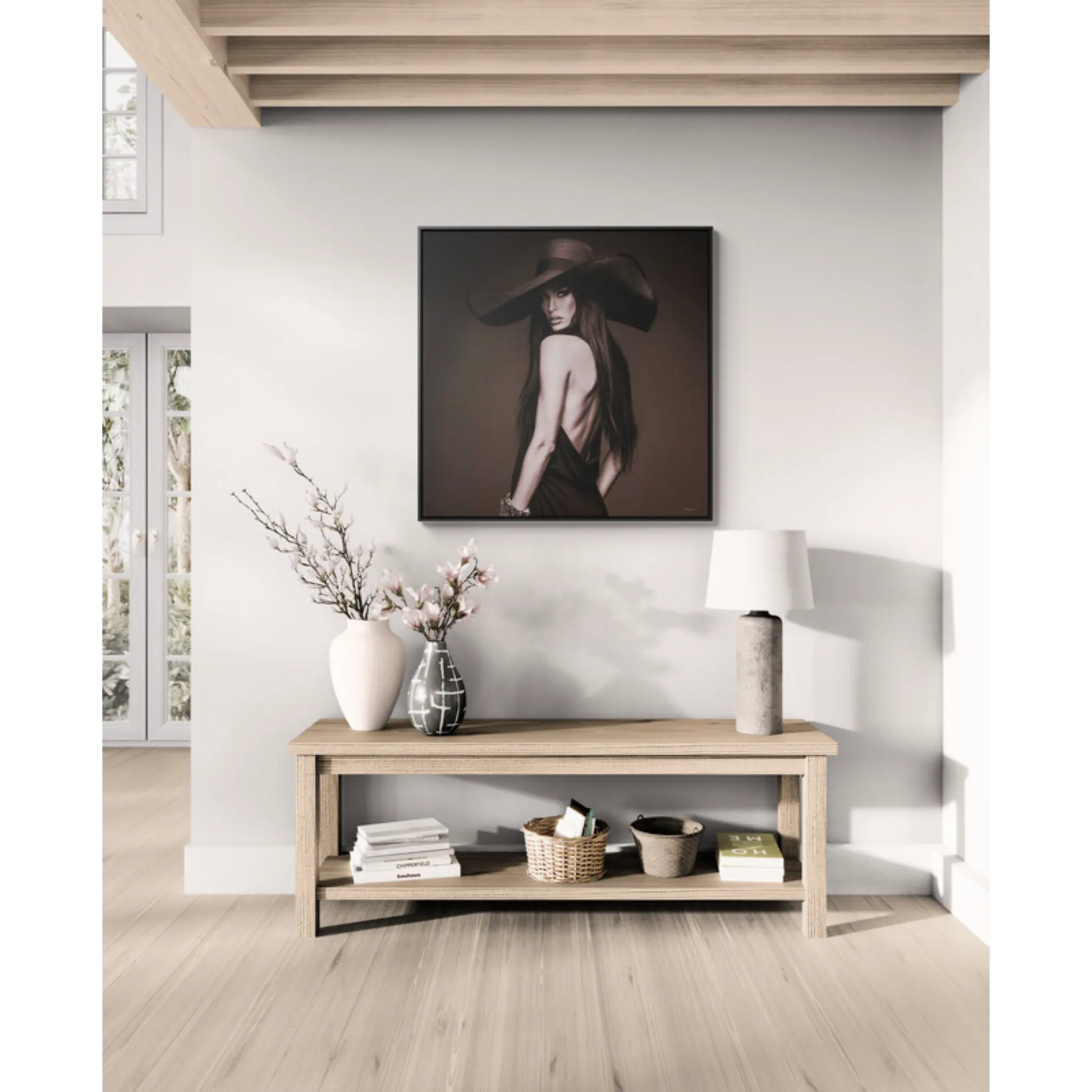 Canvas Wall Art, Sepia Tone Woman with Large Hat, Fashion Photography Decor, Moody Glam Home Decoration, Square Frame Print, Gallery Canvas - LOLA VEGAS ART