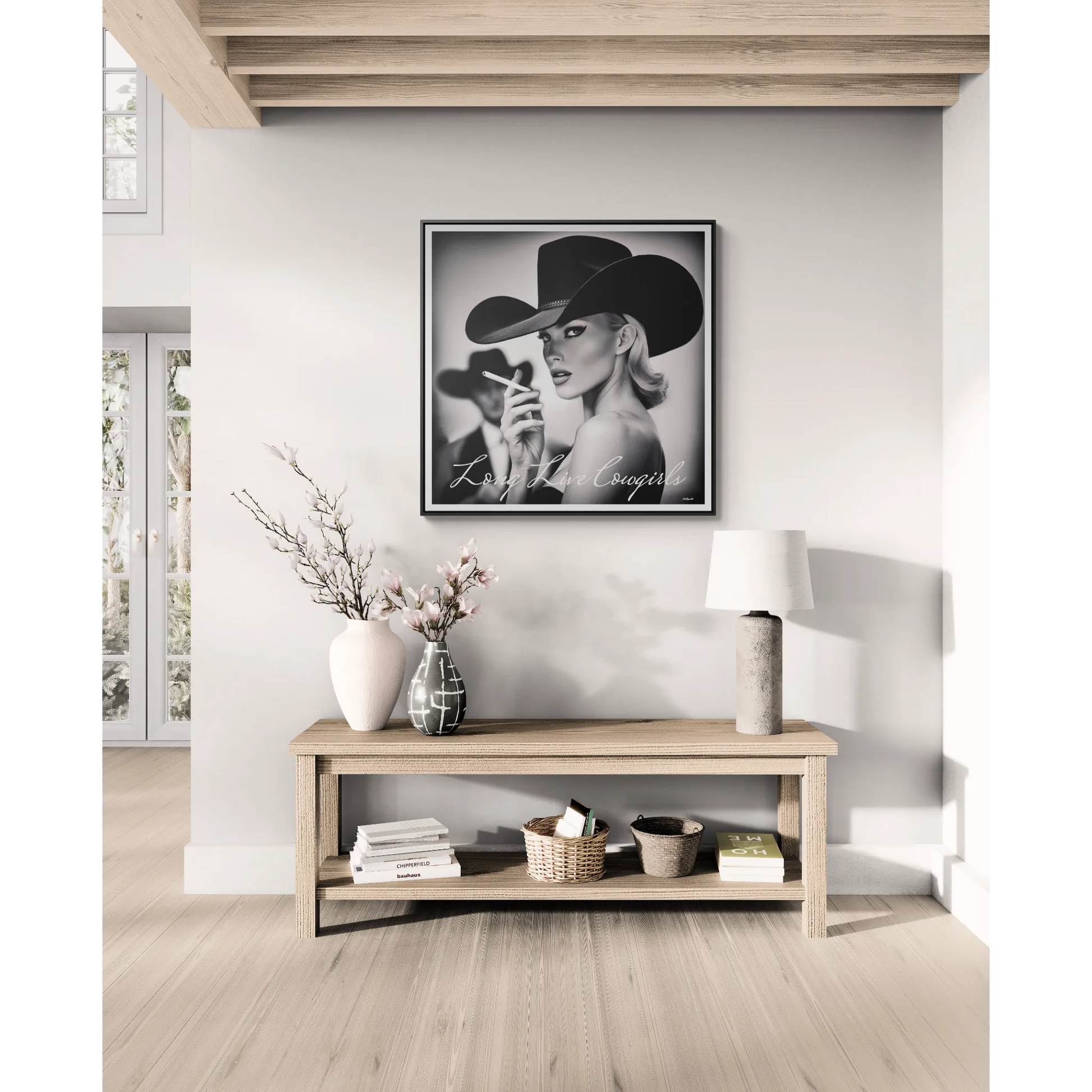 Square Frame Wall Art, Fashion Photography, Cowgirl Decor, Gallery Canvas Wraps, Glam Girl Gift, Black and White Photo Print - LOLA VEGAS ART