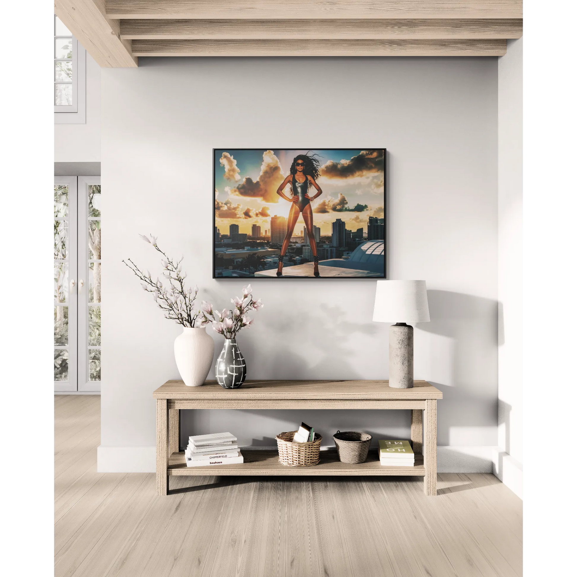Canvas Wall Art, African American Model in Swimsuit with Miami Skyline, Fashion Decor, Horizontal Frame Home Decor, Gallery Wrap Print - LOLA VEGAS ART
