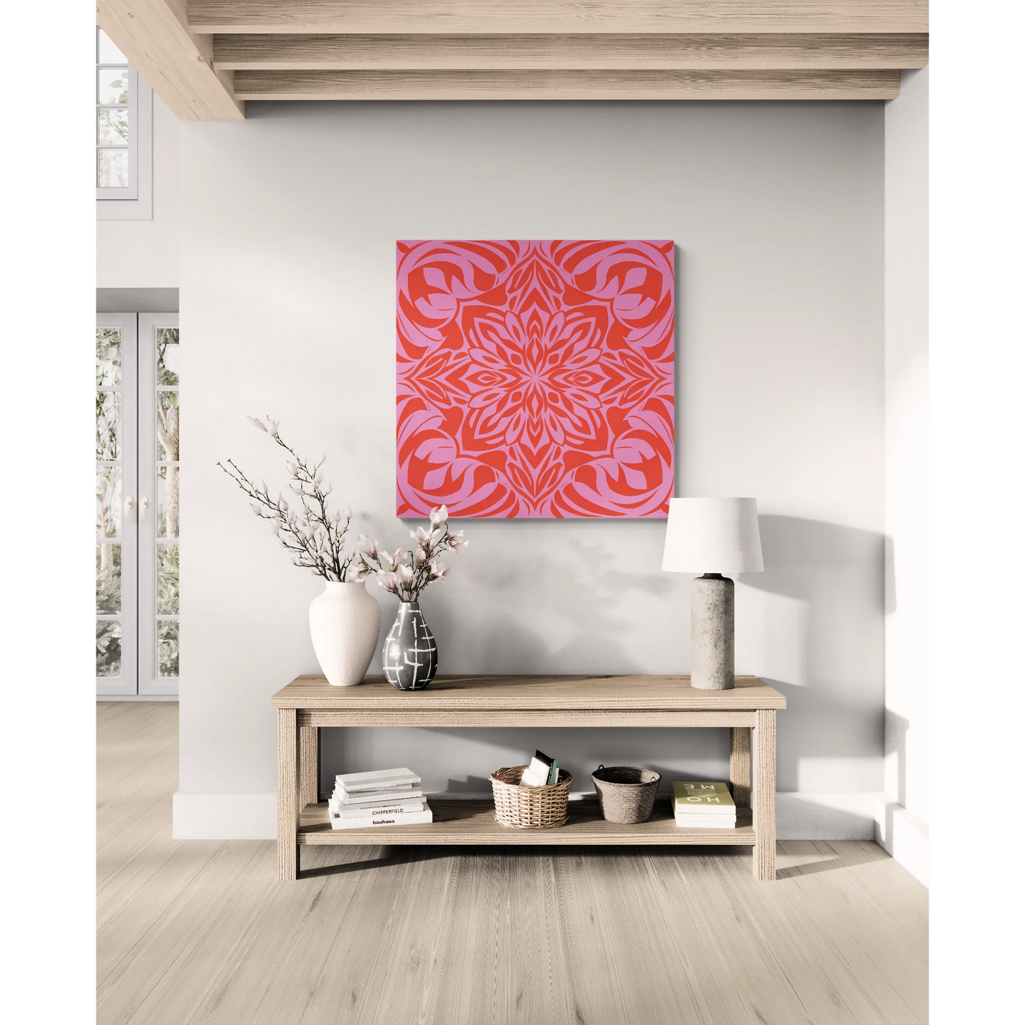 Canvas Wall Art, Pink and Orange Boho Design, Feminine Home Decor, Square, Stretched, 1 25" Matte Canvas, Bohemian Chic, Artwork Print, - LOLA VEGAS ART