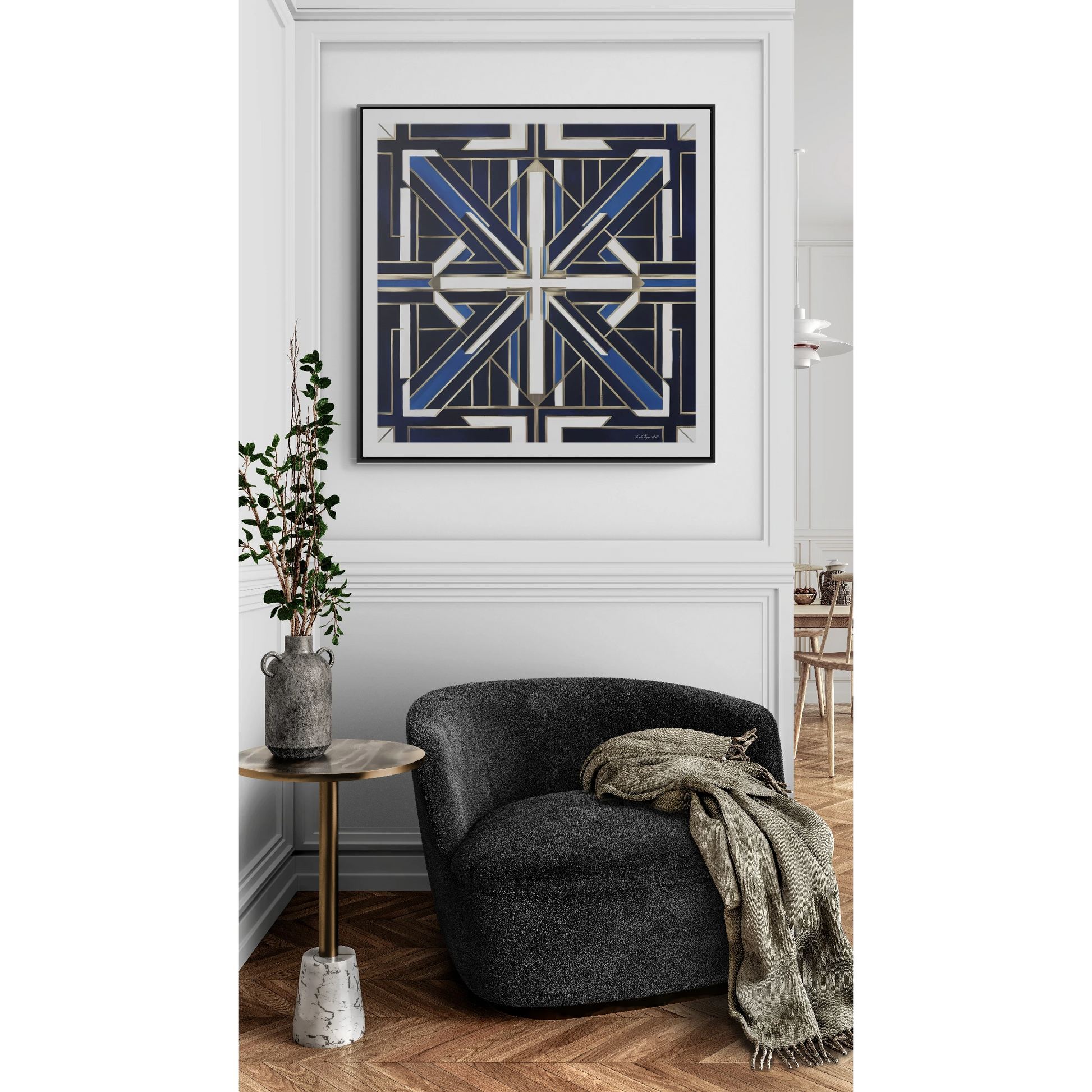 Art Deco Square Frame Canvas Wall Art, Blue and White Gallery Canvas Wraps, Home Decor, Geometric Design, Modern Wall Hanging, Office Decor - LOLA VEGAS ART