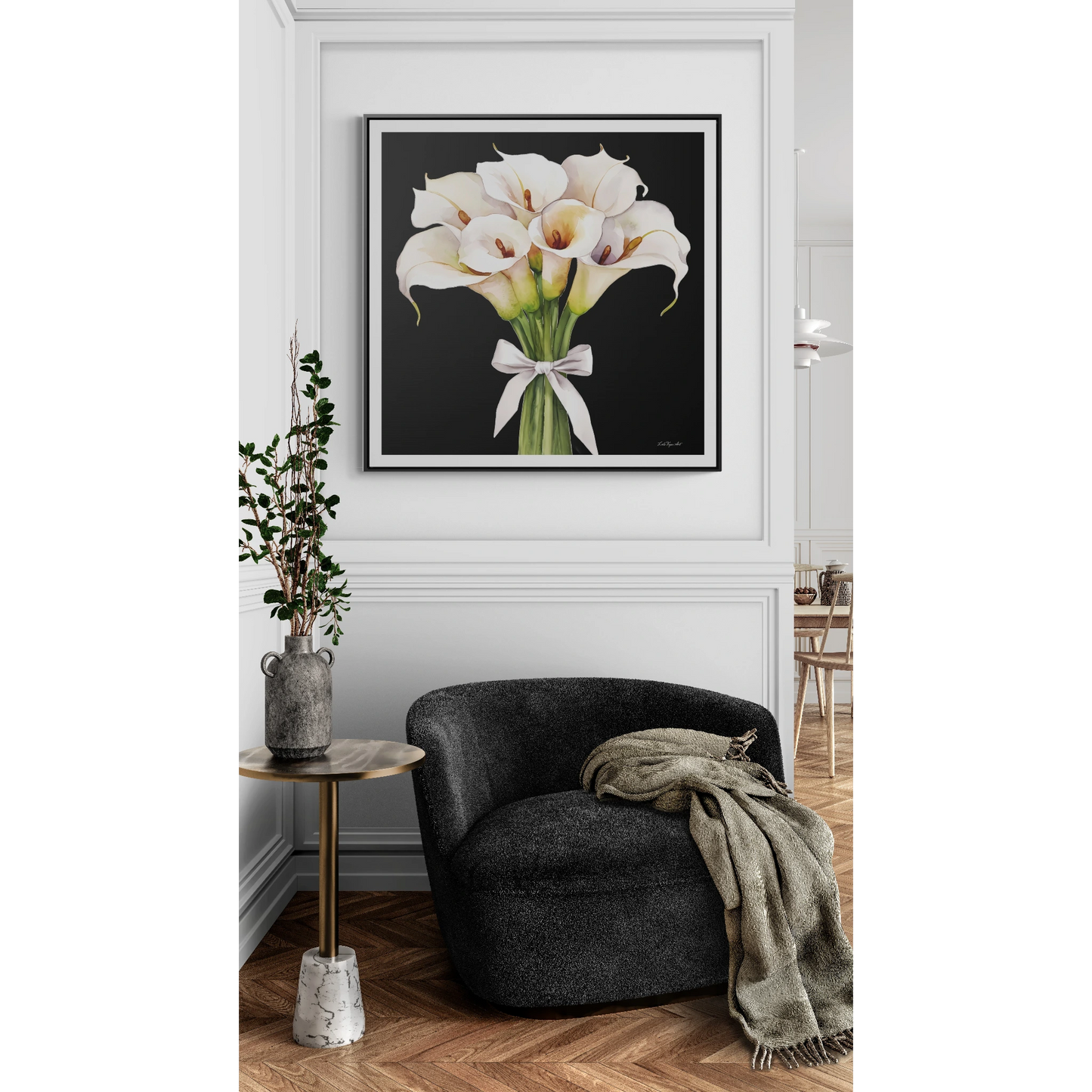 Square Frame Canvas Wall Art - White Calla Lillies Bouquet Painting, Gallery Canvas Wraps, Square Frame, Home Decor, Floral Art, Black - LOLA VEGAS ART