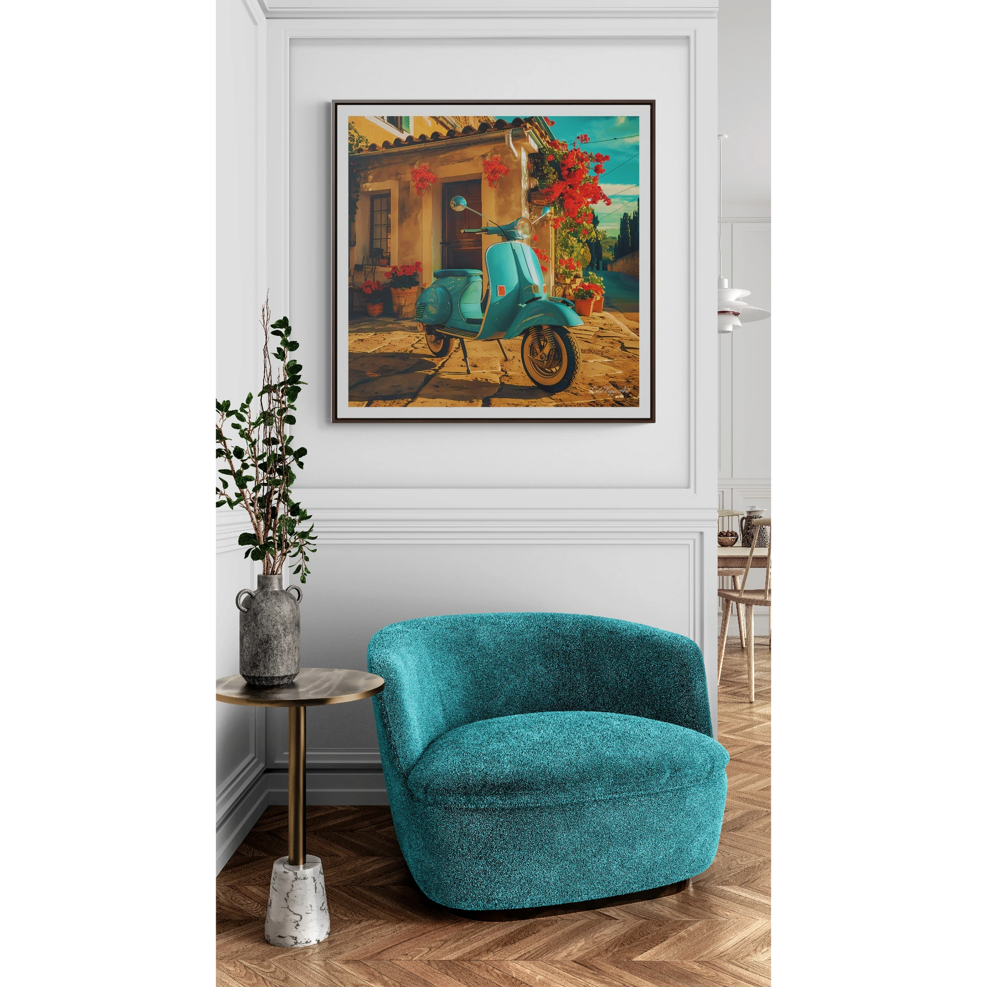 Square Frame Canvas Art, Turquoise Scooter Parked Outside Quaint Italian Village House with Red Flowers, Wall Decor, Home Decor, Summer Day - LOLA VEGAS ART