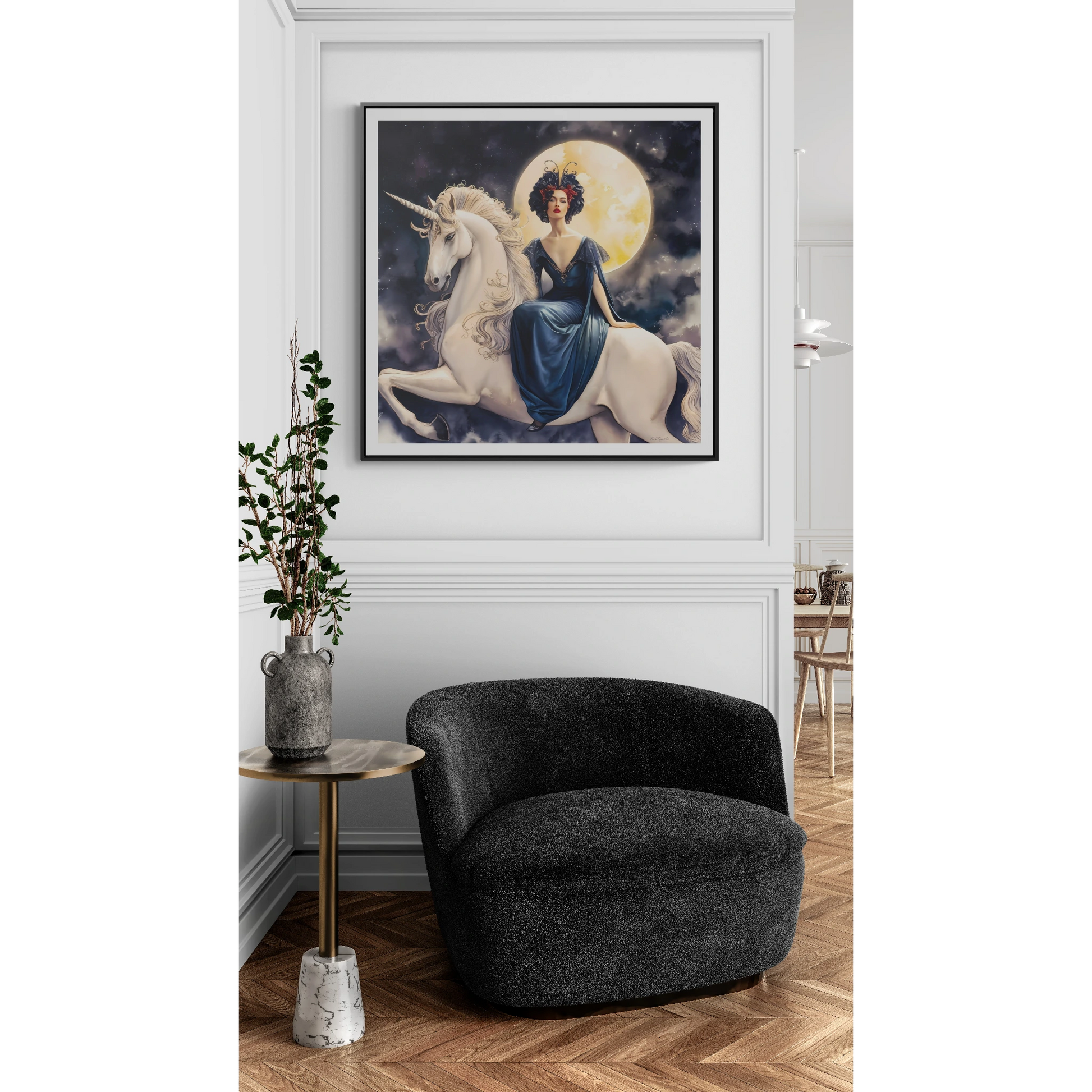 Square Framed Canvas Wall Art, Art Nouveau Style Red-Haired Woman Riding Unicorn Under Full Moon, Fantasy Decor, Magical Night, Gallery - LOLA VEGAS ART