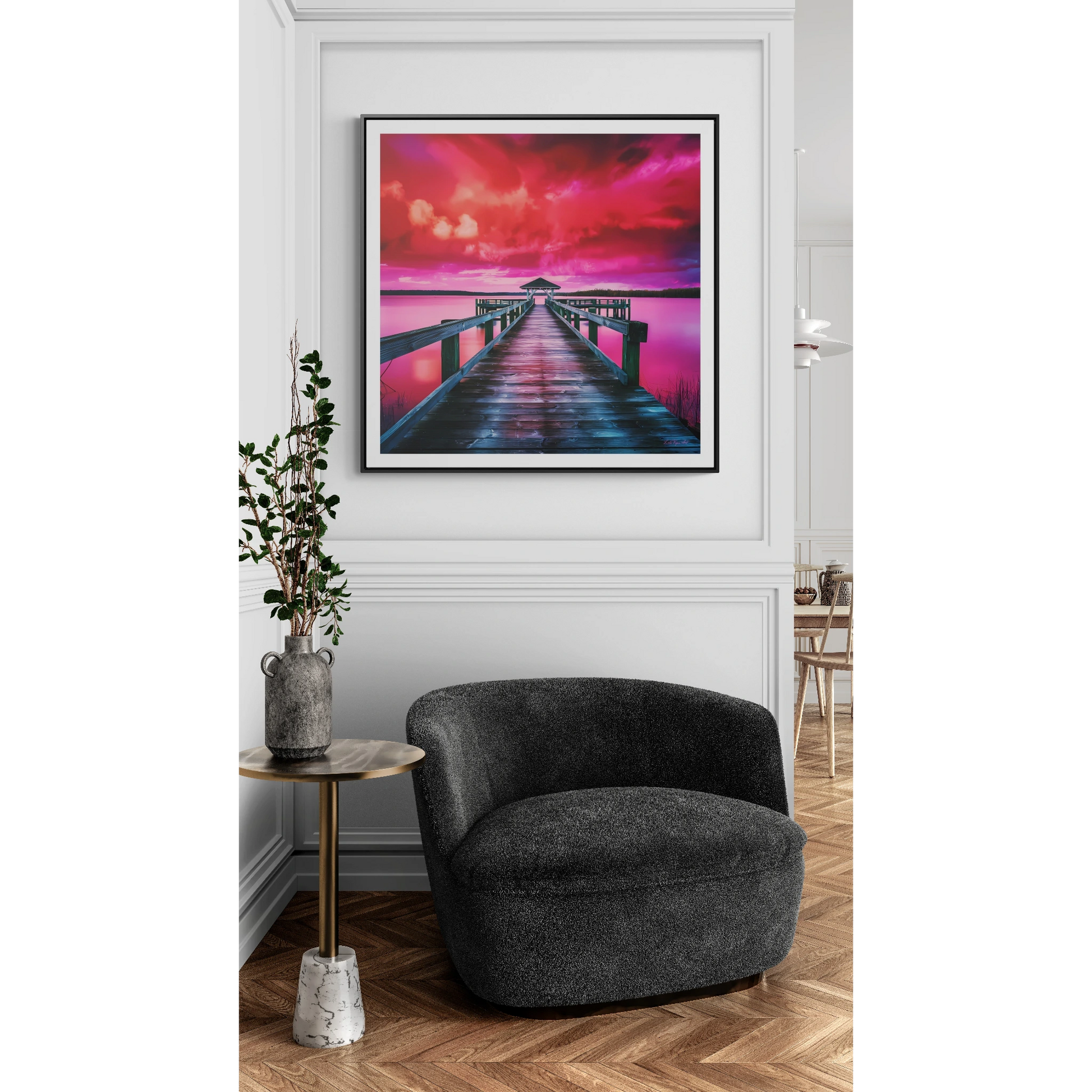 Serene Lake Dock Canvas Wall Art, Square Frame Landscape Print, Peaceful Nature Gallery Wrap, Stunning Pink and Red Sky Decor, Calm Water - LOLA VEGAS ART