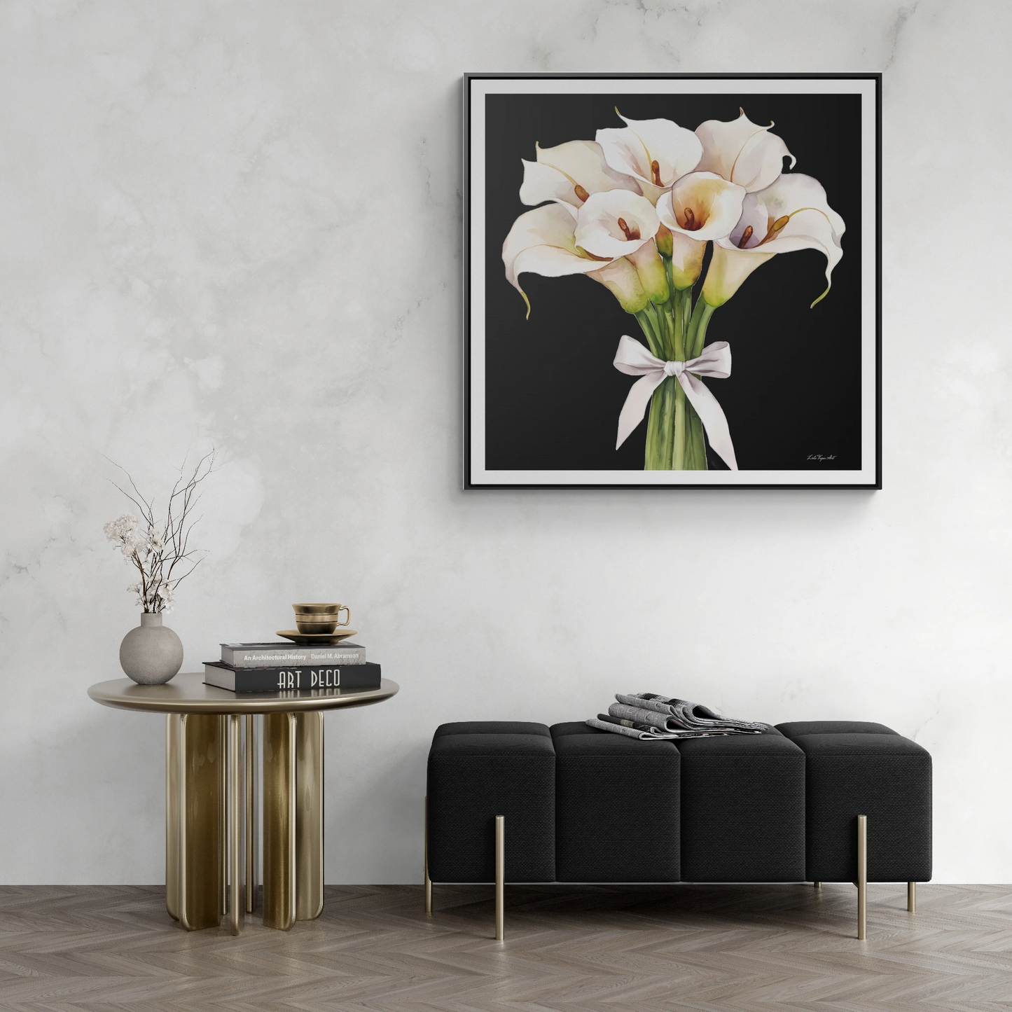 Square Frame Canvas Wall Art - White Calla Lillies Bouquet Painting, Gallery Canvas Wraps, Square Frame, Home Decor, Floral Art, Black - LOLA VEGAS ART