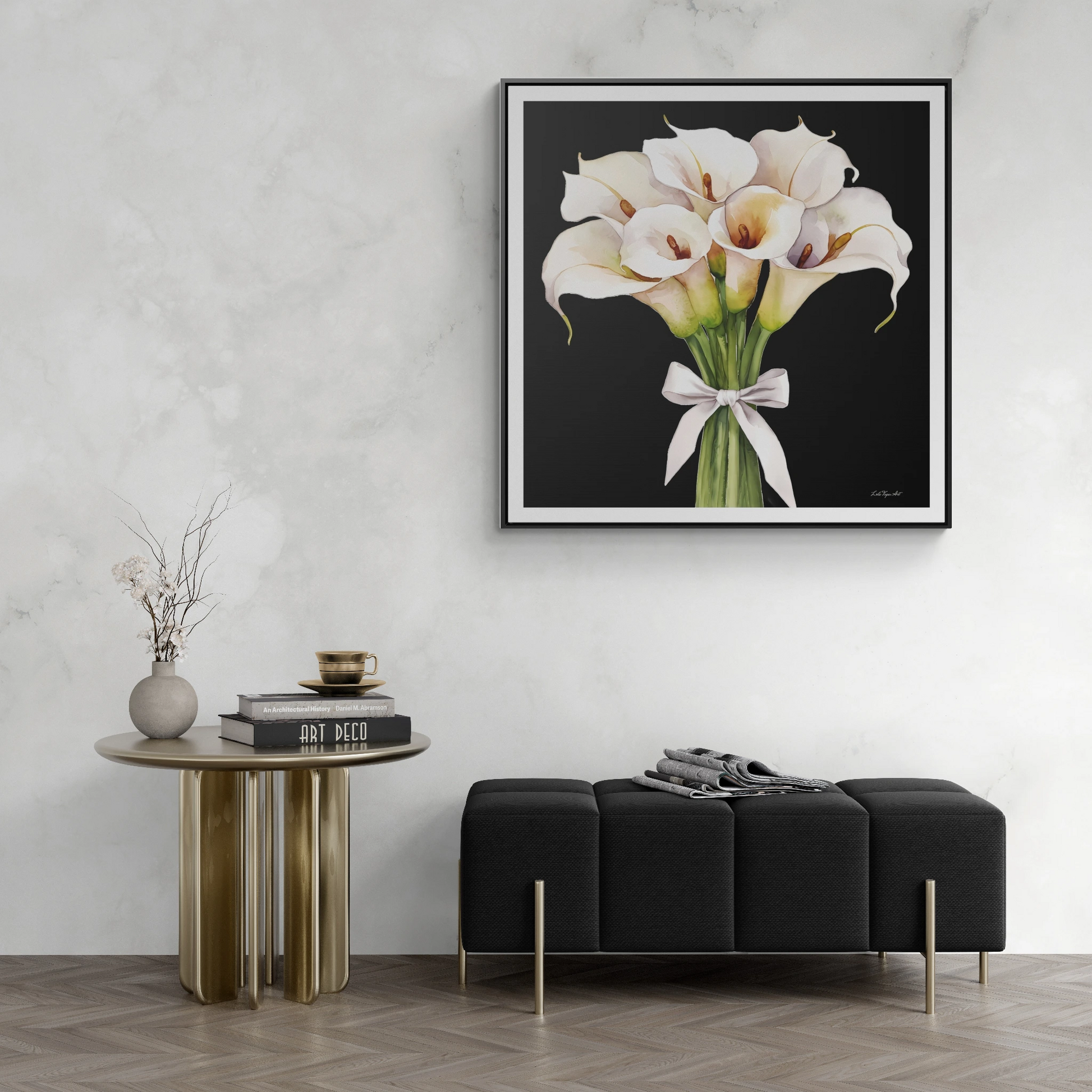 Square Frame Canvas Wall Art - White Calla Lillies Bouquet Painting, Gallery Canvas Wraps, Square Frame, Home Decor, Floral Art, Black - LOLA VEGAS ART